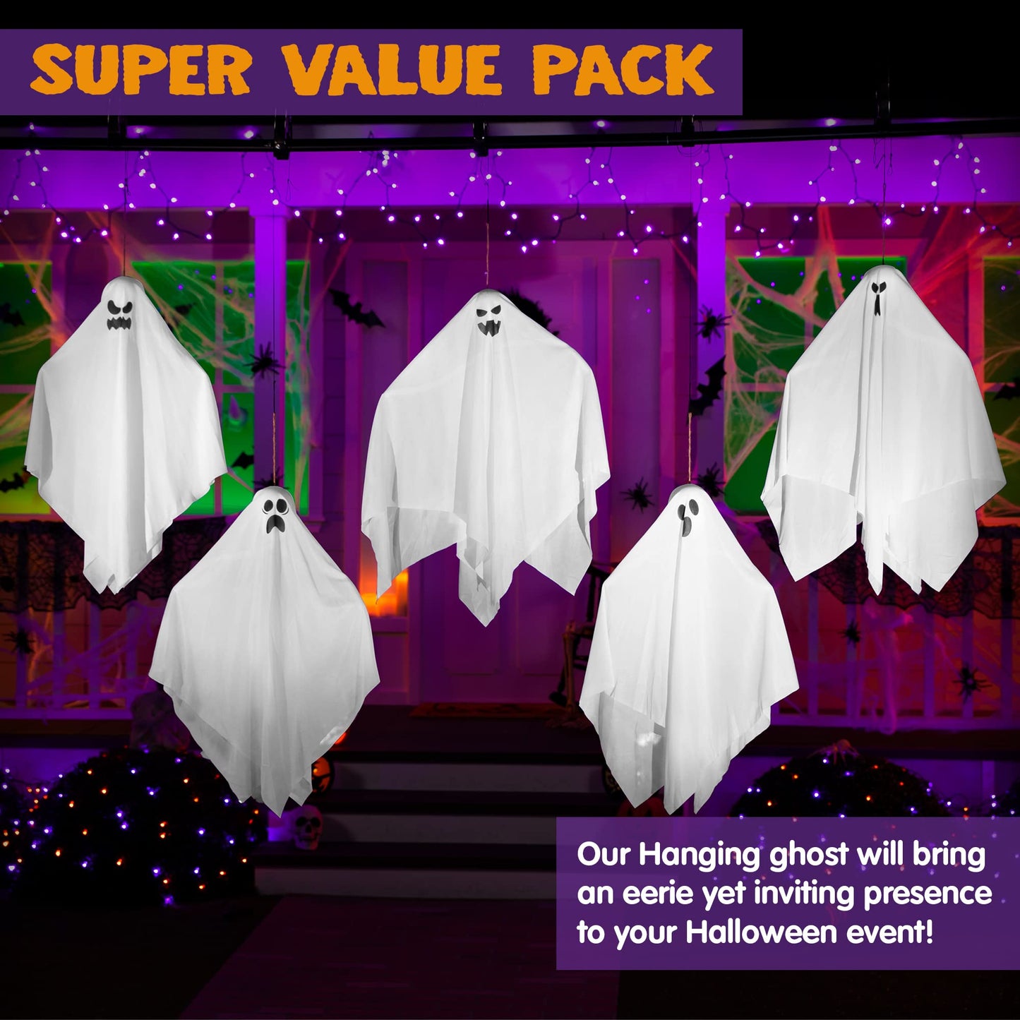 JOYIN 27.5" 5 Pack Halloween Hanging Ghosts for Halloween Party Decoration, Cute Flying Ghost for Front Yard Patio Lawn Garden Party Décor and Holiday Halloween Hanging Decorations