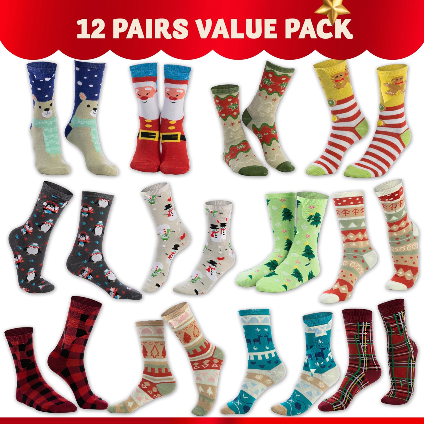 Joyfy 12 Pairs Christmas Socks Women, Plush Crazy Novelty Christmas Socks, Women's Holiday Christmas Socks, Christmas Gifts