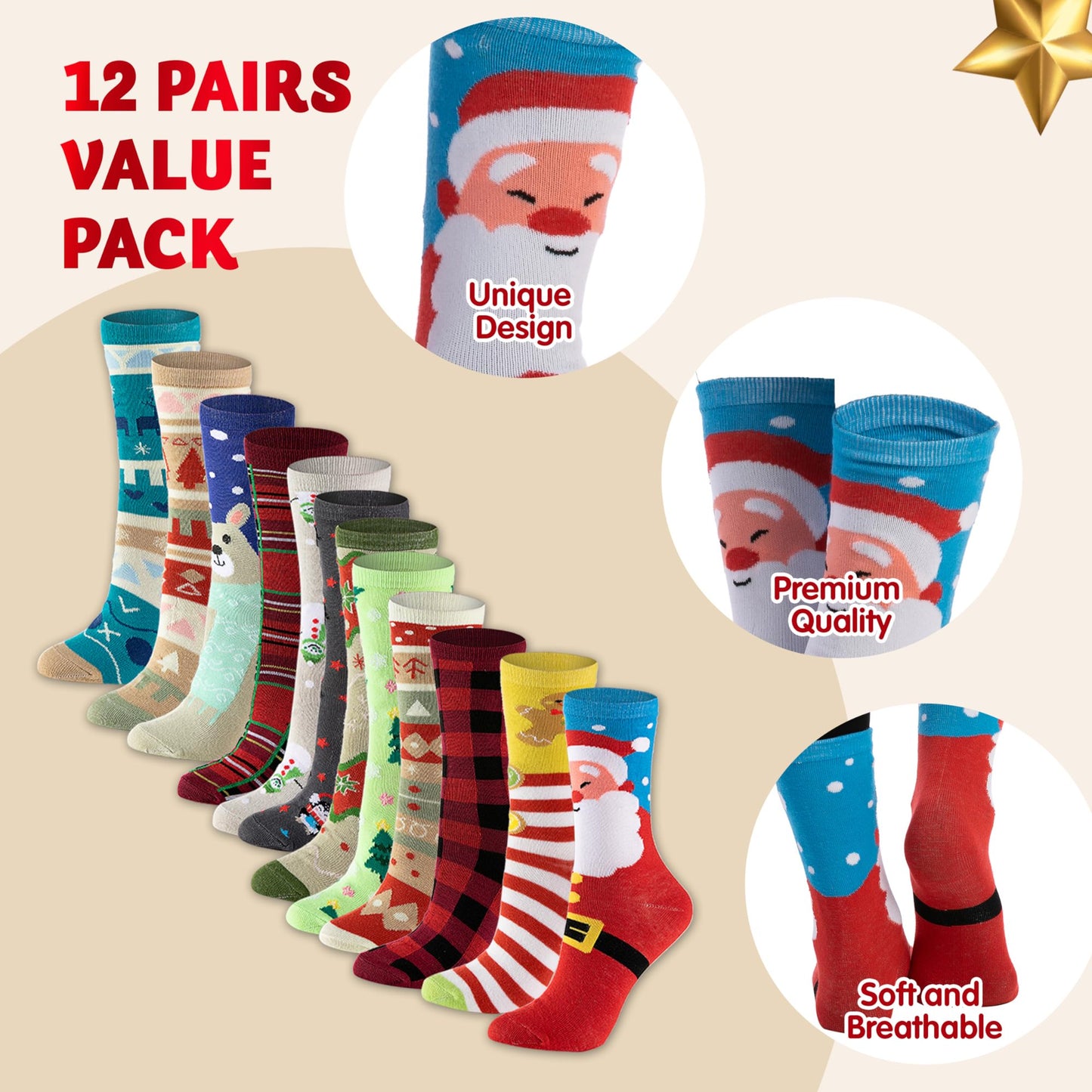 Joyfy 12 Pairs Christmas Socks Women, Plush Crazy Novelty Christmas Socks, Women's Holiday Christmas Socks, Christmas Gifts
