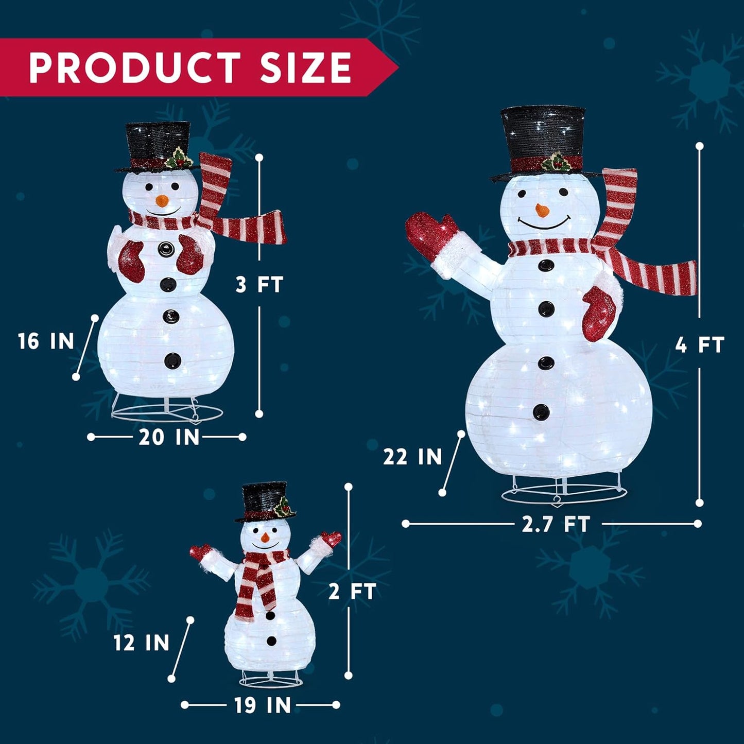 Joyfy 3 Pcs Collapsible Snowman Yard Light Christmas Outdoor Decorations,3D 270 Pre-Lit LED Snowman Christmas Decorations,Christmas Yard Light with Stakes Holiday Decor