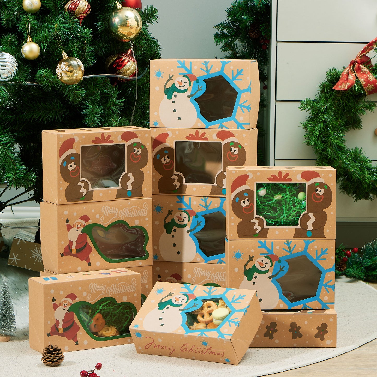 SYNCFUN 12 Pcs Christmas Cookie Boxes Bakery Treat Gift Box with Window 8.75" x 5.75" x 2.75" for Pastries, Cupcakes, Cookies, Brownies, Donuts Gift Giving