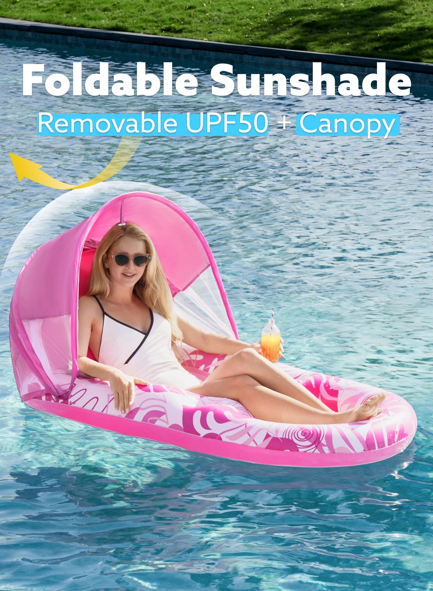 Pool Lounge Float with Canopy for Adult, Inflatable Pool Floats Lounger Raft Floaties Water Floating Recliner Chair with Cup Holders Foot Rest Swimming Pool Floaty