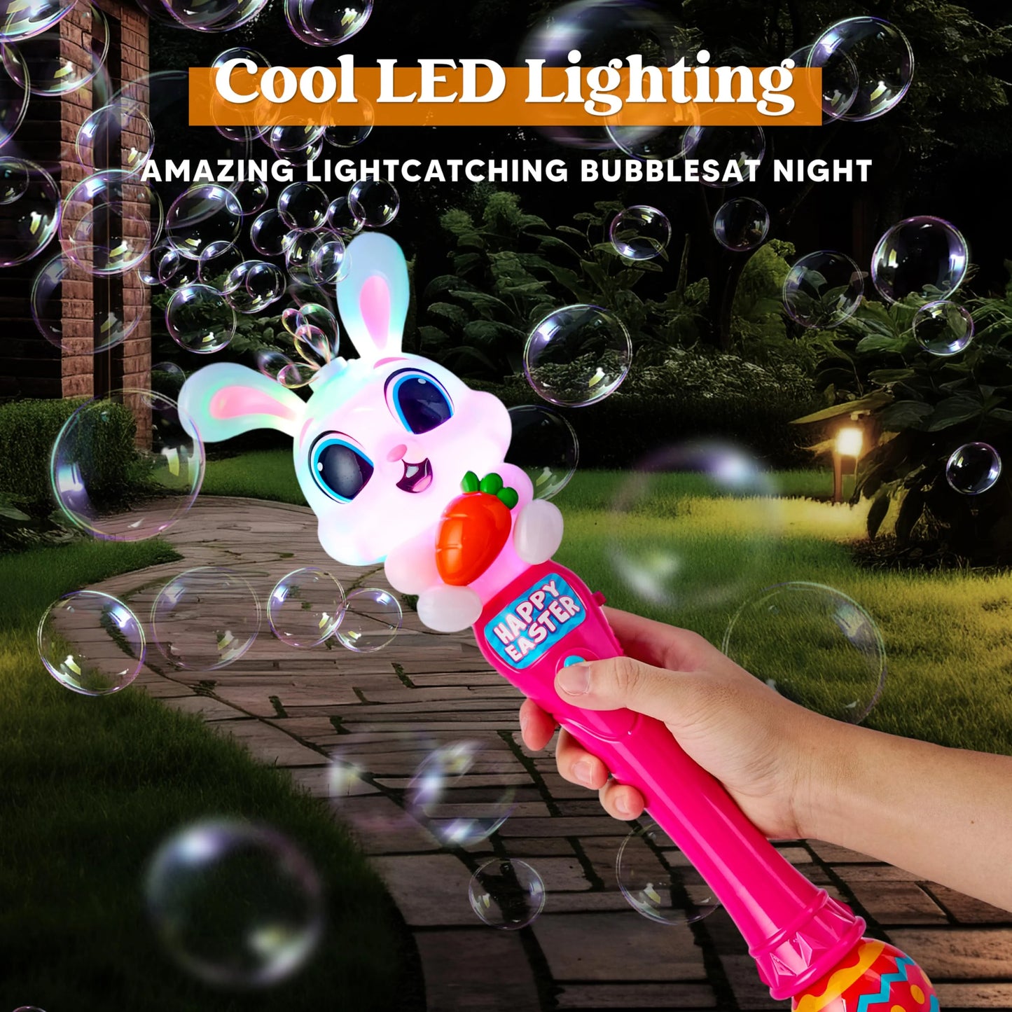 Easter Bunny Bubble Wand Light Up Automatic Bubble Maker with LED & Sound Effect for Kids Age 3+ Birthday Party Gifts, Outdoor, Easter Basket Stuffers