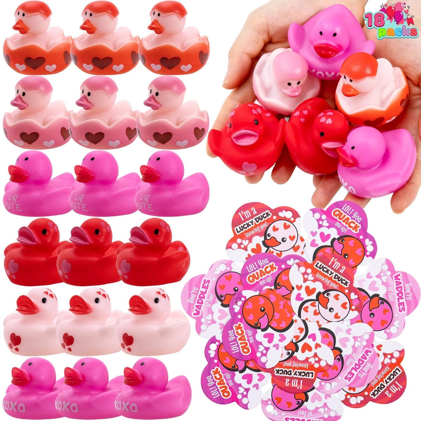 18 Pcs Valentine’s Day Gift Cards with Rubber Duck for Kids,Mini Rubber Duck Bath Toys for Classroom Exchange Prizes, Valentine Party Favors Toys