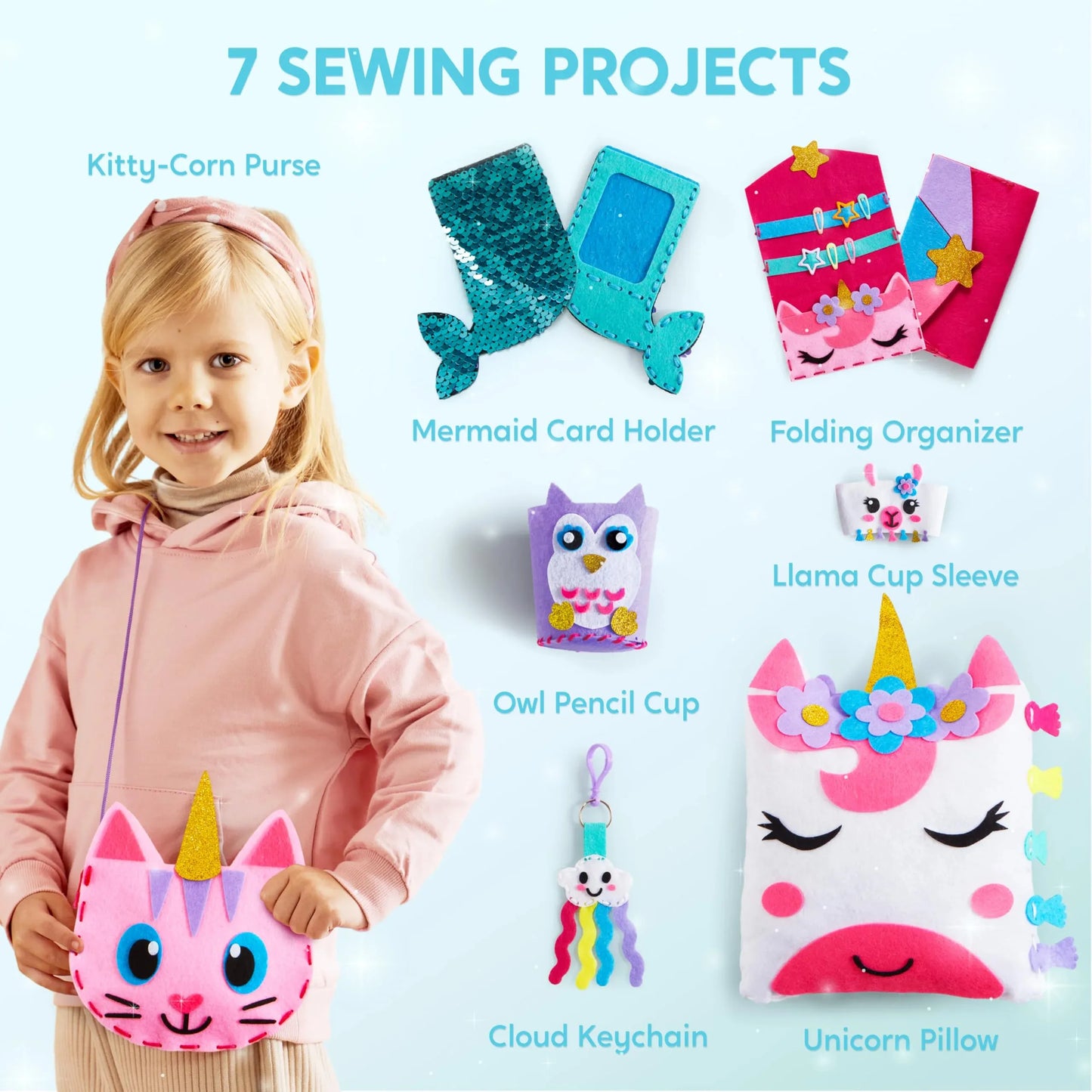 Syncfun 7 Sewing Projects Felt Sewing Kit for Kids, Animal Arts and Crafts of Magical Unicorn Pillow and Enchanting Mermaid Card Holder, Birthday Gift for Girls aged 6+