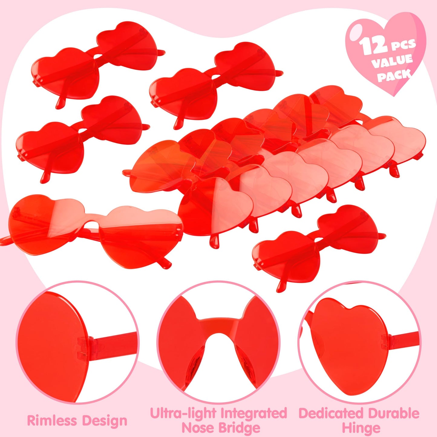 12 Pack Valentine's Day Heart Shape Glasses, Rimless Sunglasses, Classroom Exchange Gift for Kids, Stylish and Safe Eyewear in Red