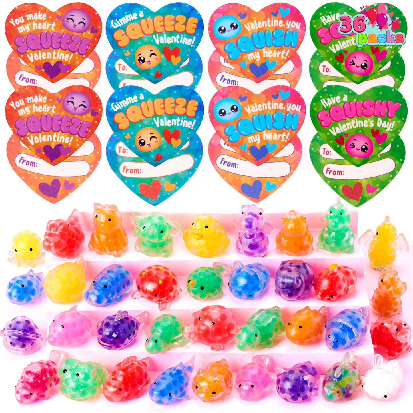 36 Packs Valentine’s Day Heart Gift Cards with Jelly Mochi Squishy Toys, Mini Critter Squeeze Balls, Stress Relief Fidget Toys for Valentine‘s Party Favors and Classroom Exchange