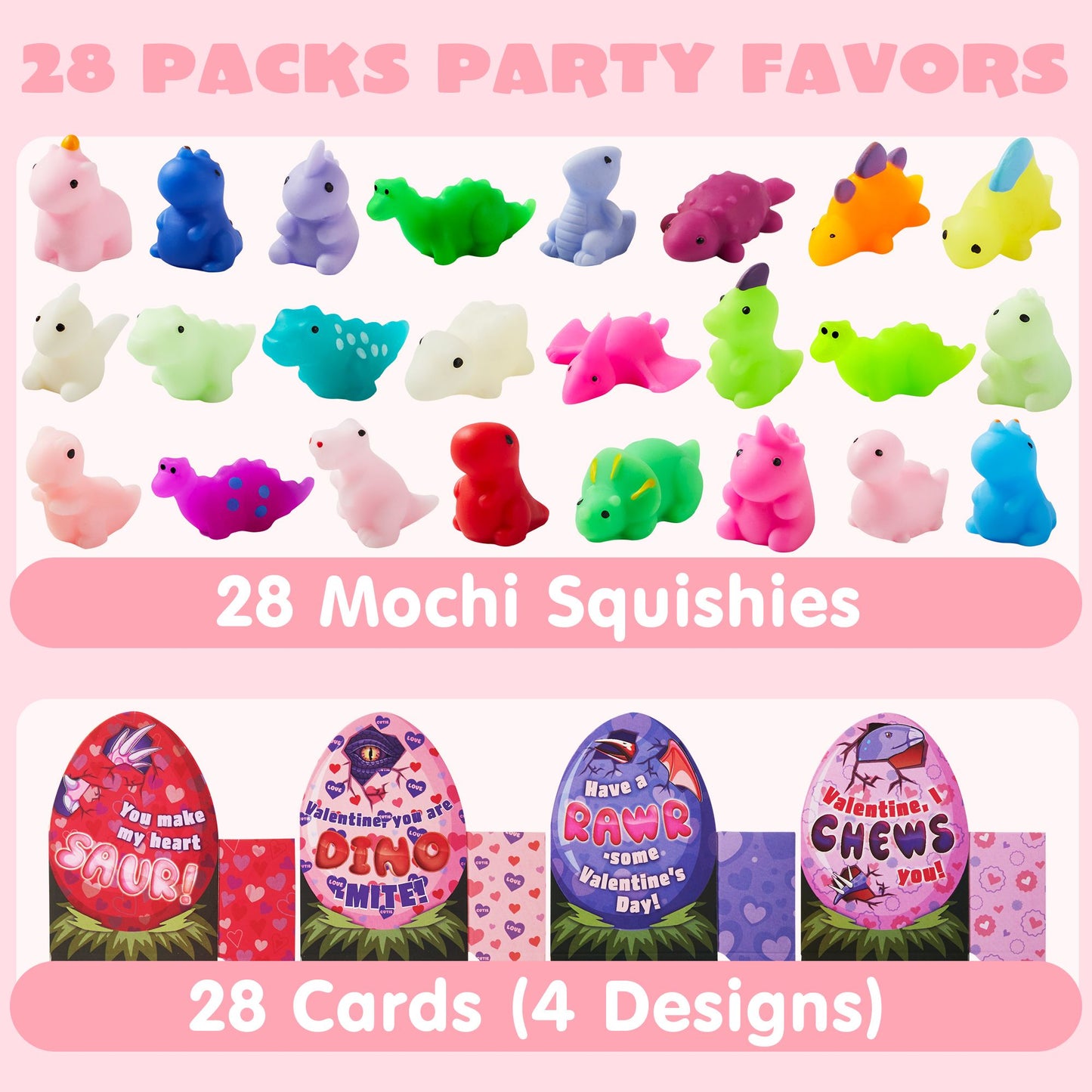 28 Packs Valentine Stress Relief Dinosaur Mochi Toys with 4-Design Boxes Party Favors Set for Kids Valentine Classroom Exchange, Holiday Party, Game Prizes and Gift Basket Stuffers