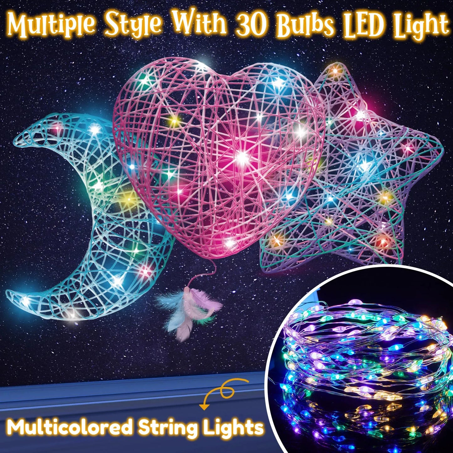 Joyfy 3-Pack 3D String Art Kit for Kids - with 30 Multicolor LED Bulbs Crafts, Birthday Christmas Gifts for Girls Ages 6-12