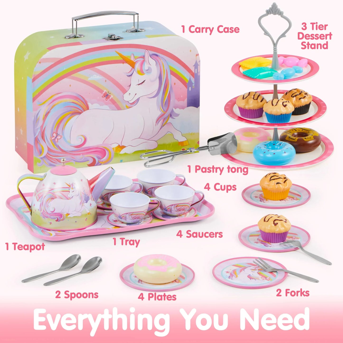 Syncfun 35 Pcs Unicorn Tea Set for Little Girls, Pretend Tin Teapot Set, Princess Tea Time Play Kitchen Toy, Birthday Gifts Kids Toddlers Age 3 4 5 6