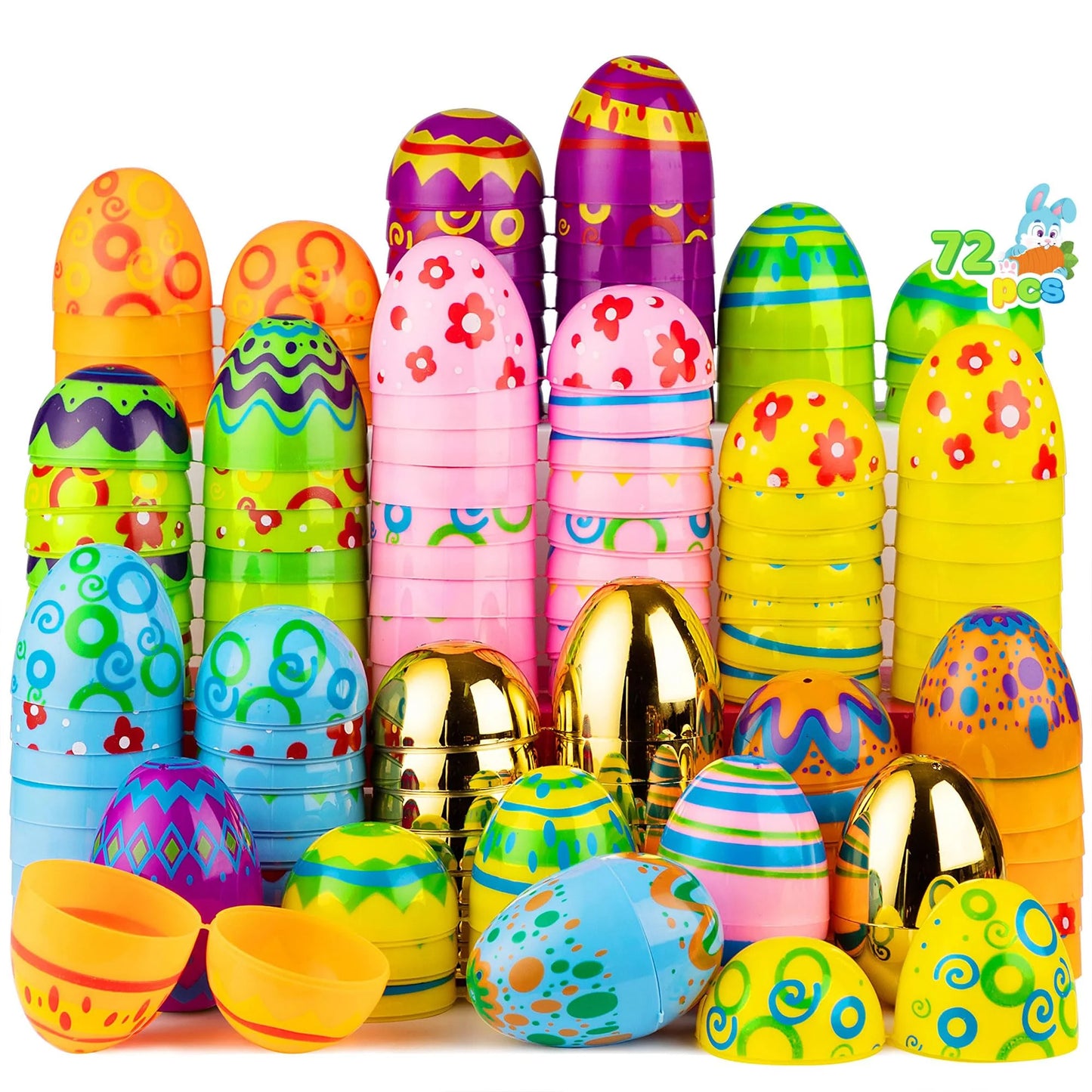 72Pcs 3" Plastic Printed Easter Egg with Golden Eggs for Easter Egg Hunt Event, Party Favor Goodie Bags, Scene and Decoration, School Classroom Prizes