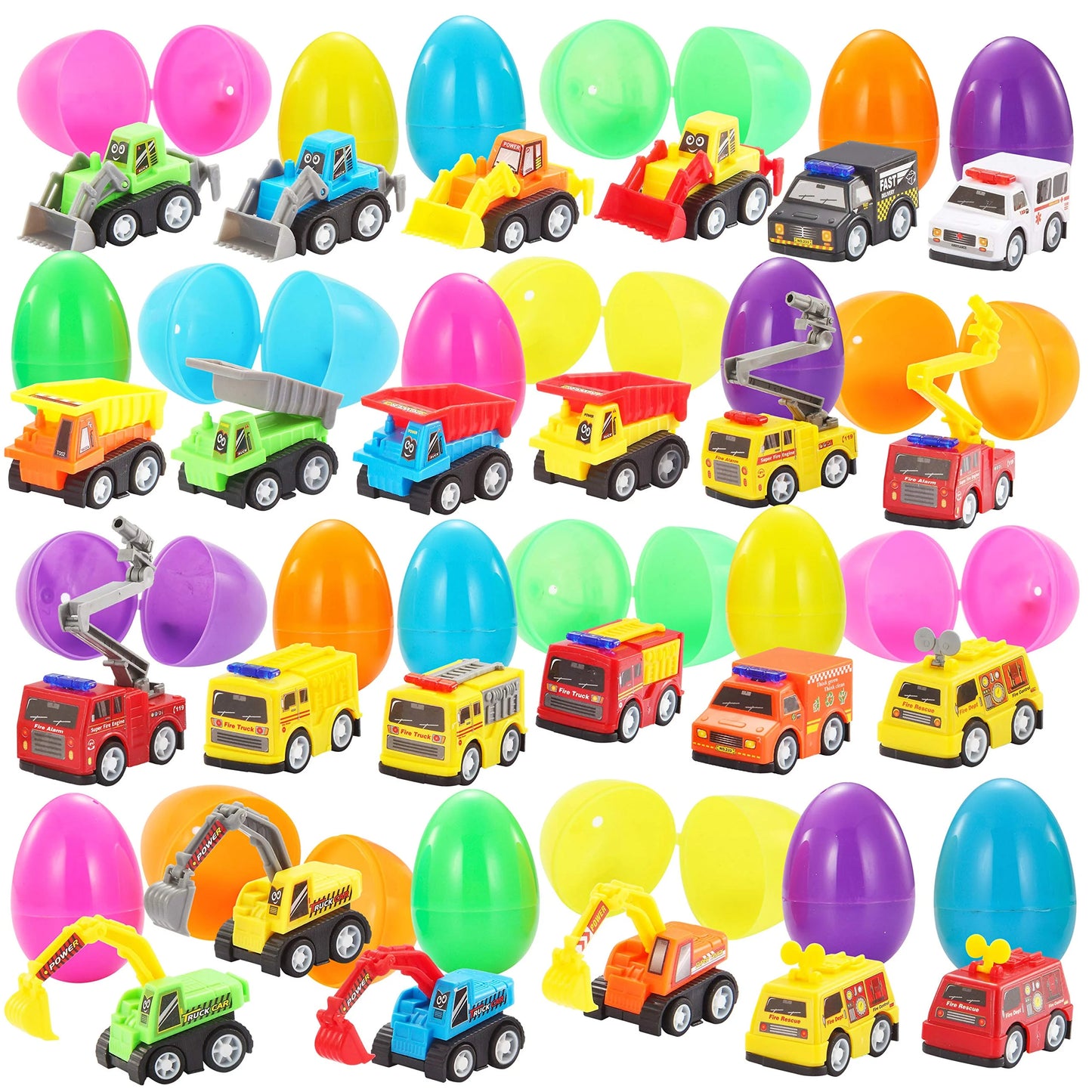 48 Pcs Prefilled Easter Eggs Set (24 Cars and 24 Eggs),Easter Eggs with Toys Inside,Birthday Party Favors for Boys and Girls Over 3