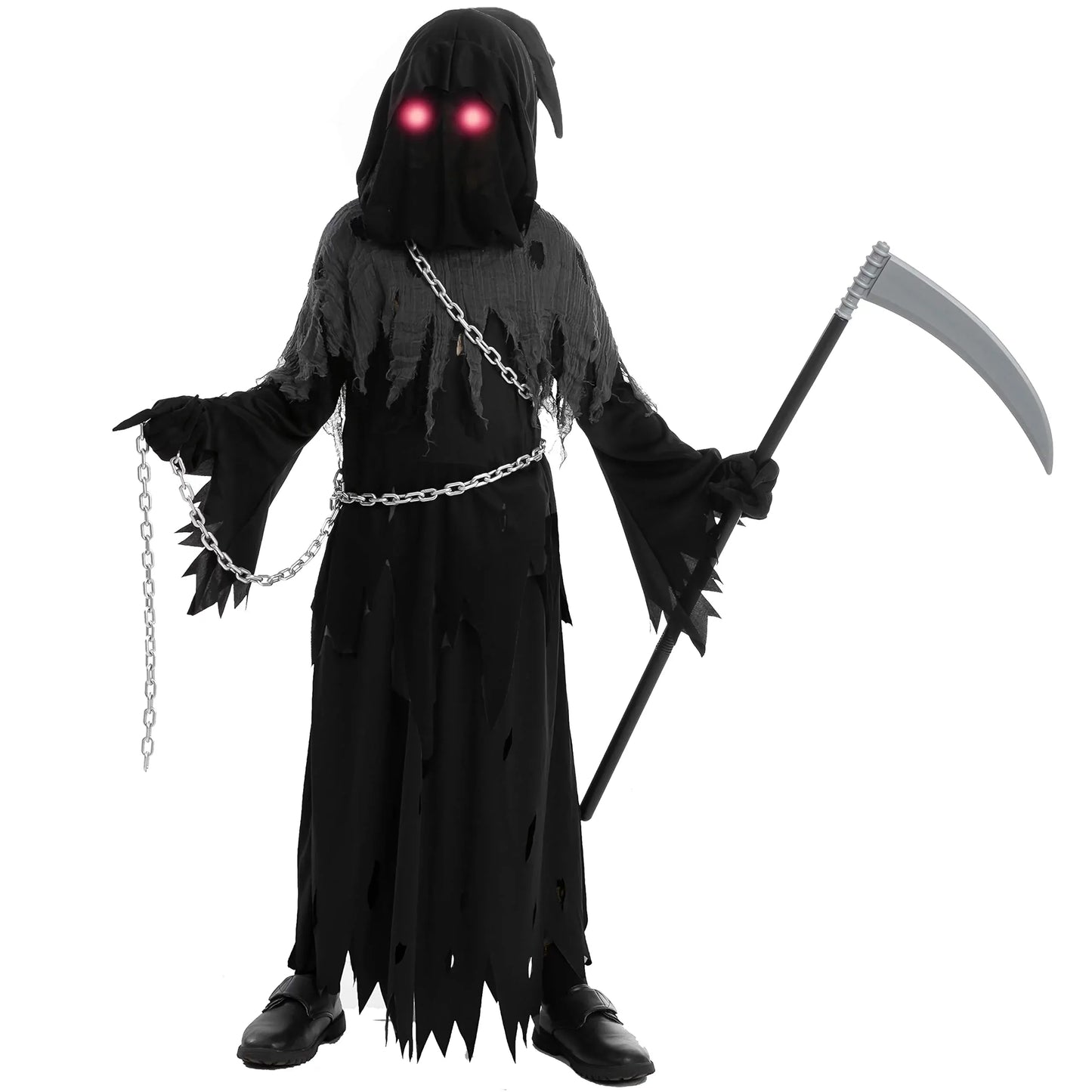 Syncfun Child Unisex Glowing Eyes Grim Reaper Costume for Creepy Phantom Halloween Costume, Large