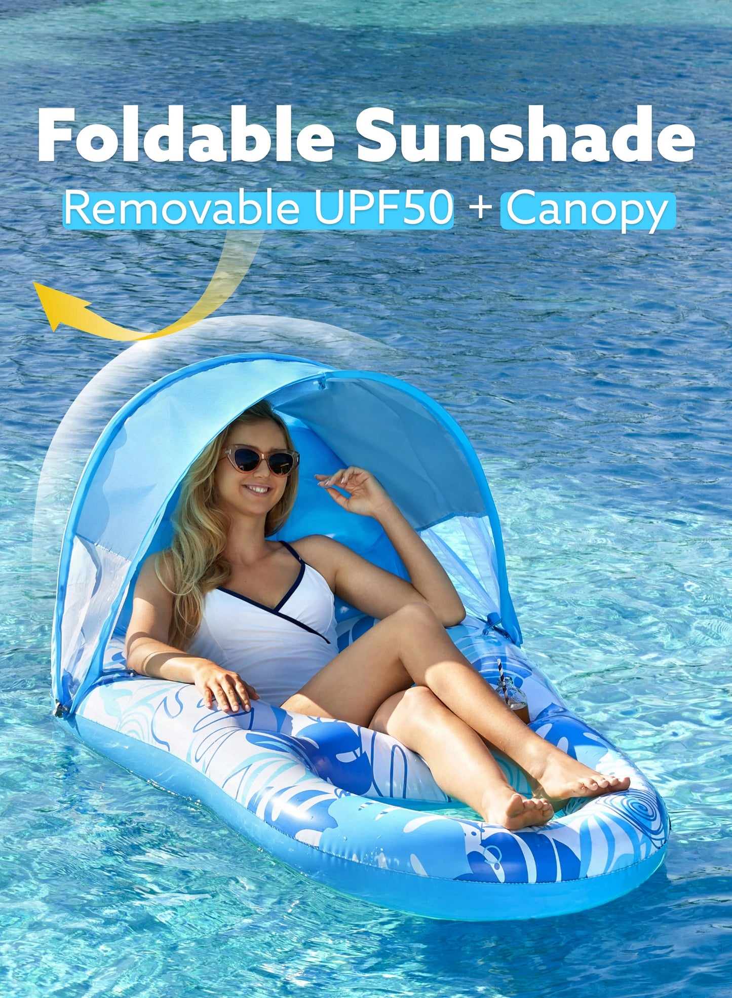 Pool Lounge Float with Canopy for Adult, Inflatable Pool Floats Lounger Raft Floaties Water Floating Recliner Chair with Cup Holders Foot Rest Swimming Pool Floaty