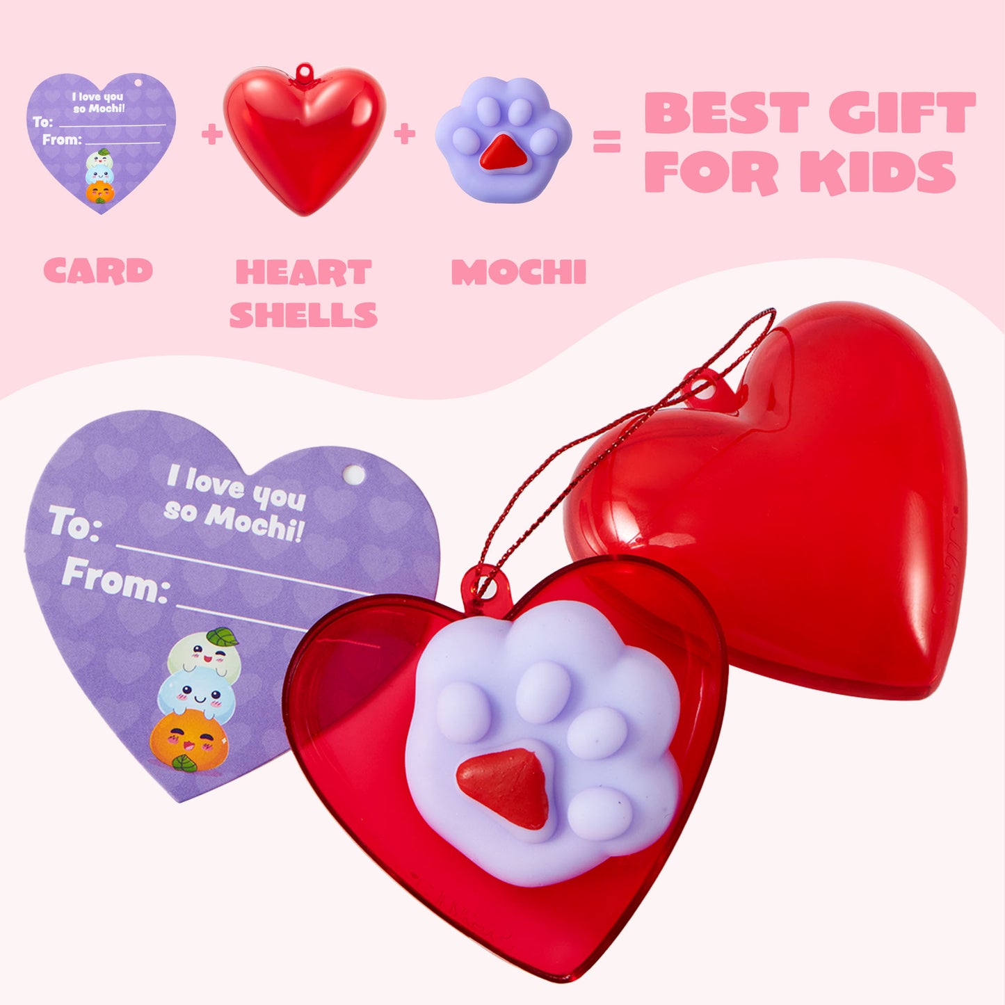 56 Pcs Valentines Cards for Kids (28 Mochi and 28 Cards),Stress Relief Mochi Squishy Toys Filled Hearts for Kids Classroom Exchange Cards,Game Prizes Gifts