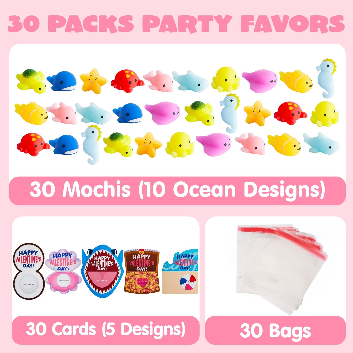 30 Packs Valentine Day Gift Cards with Mochi Squishy Toys, Stress Relief Fidget Toys, Kawaii Mochi Squeezes for Kids Holiday Party Favor, Gift Goodie Bag Filler, Classroom Exchange Prizes