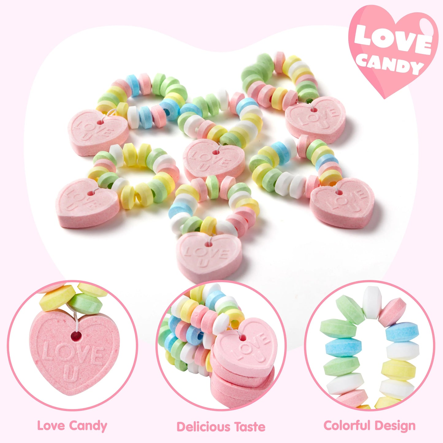 6 Pcs Valentine's Day Candy Bracelets 2.12OZ, Individually Wrapped, Sweet Exchange Gift for Kids, for Kids Birthday