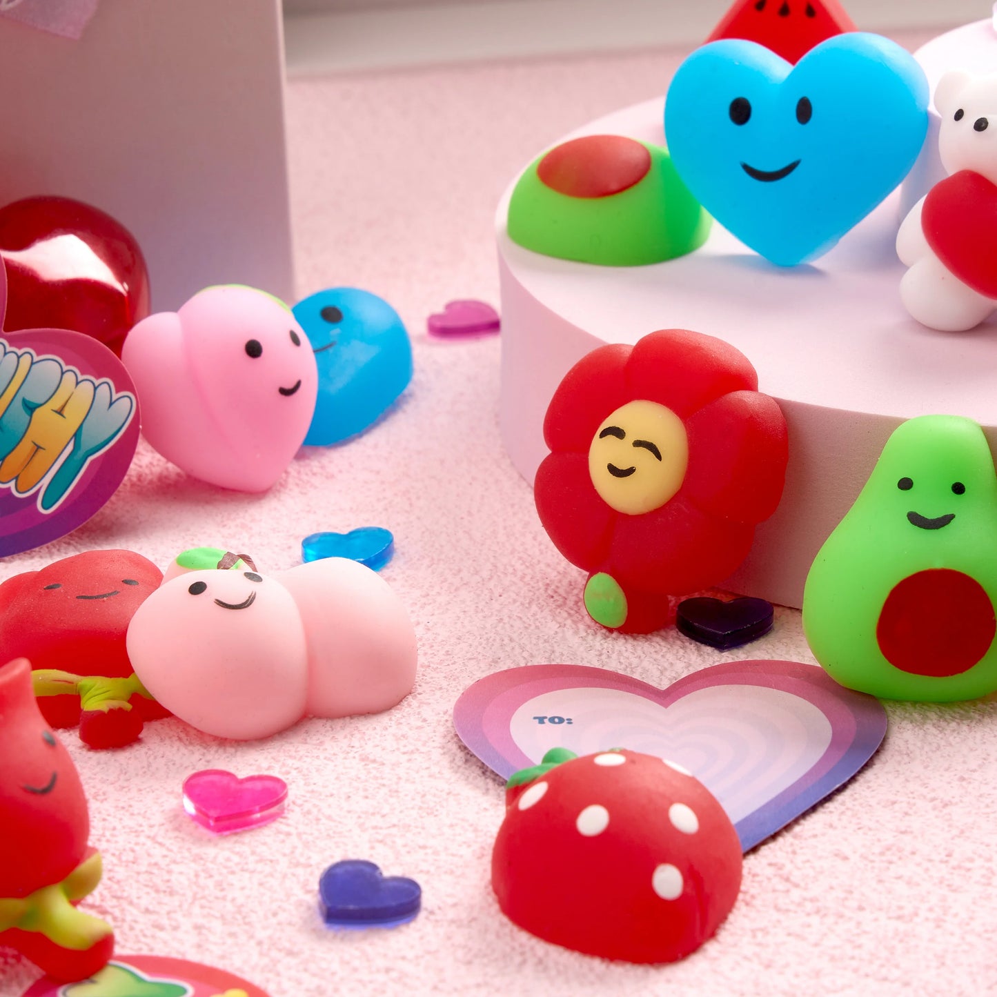 56 Pcs Valentines Cards for Kids (28 Mochi and 28 Cards),Kawaii Animal Mochi Squishy Stress Relief Gifts for Girls,Valentine Games Class Prizes for Kids
