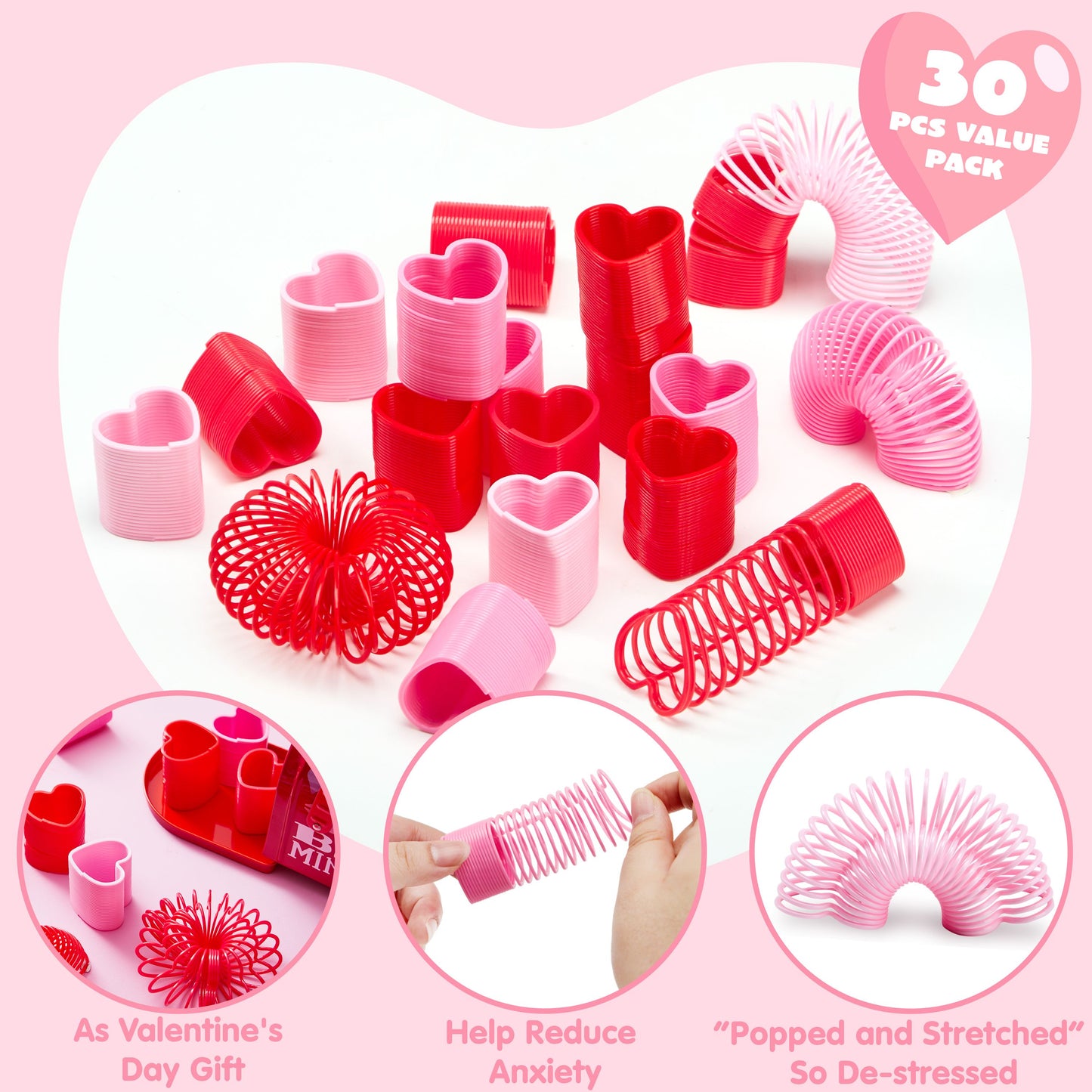 30 Packs Valentine’s Day Party Favors with Mini Springs Toys, Multi-Color Heart Coil Springs Toys, Stress Relief Fidget Toys for Kids Classroom Exchange, School Prize and Goodie Bag Stuffers