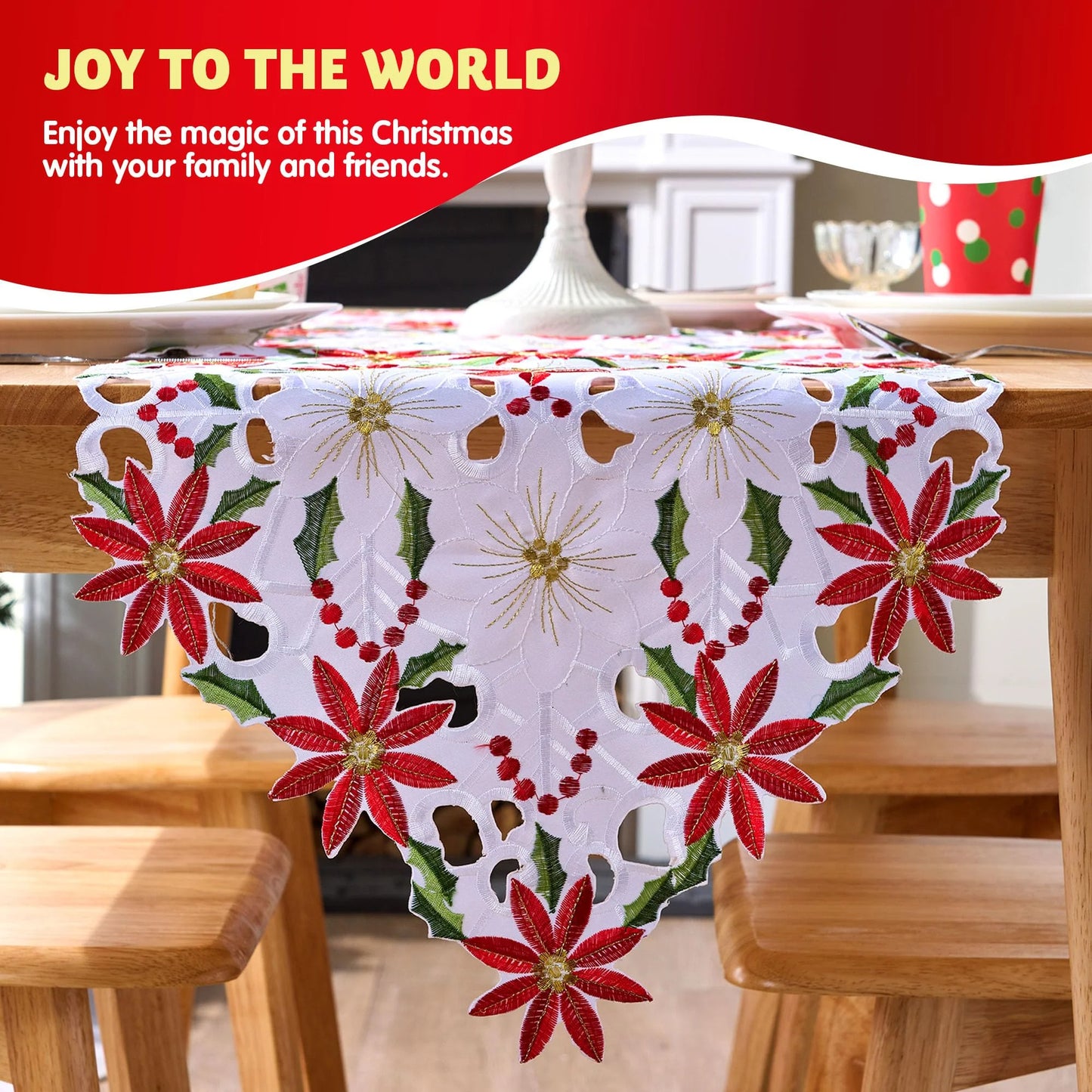 Joiedomi Christmas Flower Table Runner, Embroidered Poinsettia Holly Leaf Table Runner for Christmas Decorations