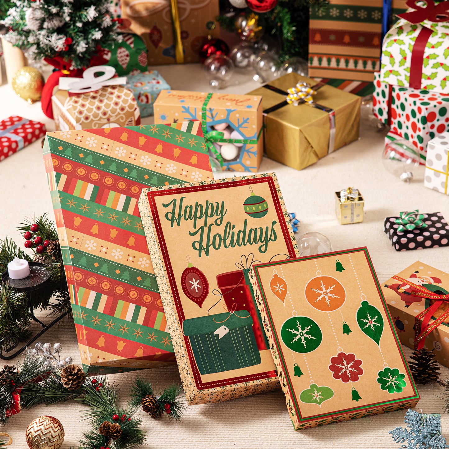 SYNCFUN 12 Pcs Christmas Foil Kraft Gift Boxes with 3 Sizes (Robe, Shirt and Lingerie Boxes) for Xmas Goody Gift Boxes, School Classrooms Party Favors Decoration, Holiday Present Wrap Décor