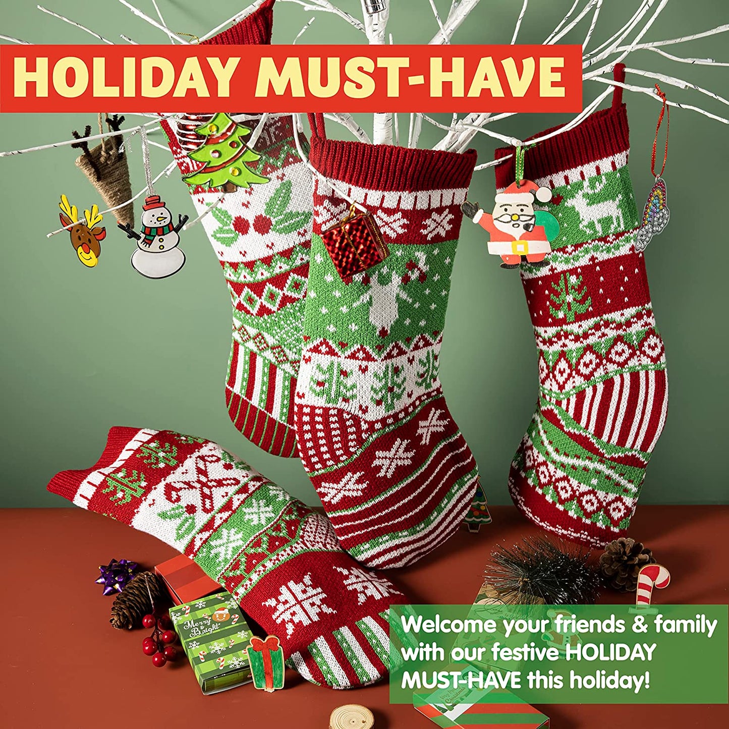 Joyfy 3 Pcs 18" Knit Christmas Stockings, Large Rustic Cable Knit Xmas Stocking in Red & Green for Family Holiday Season Decorations