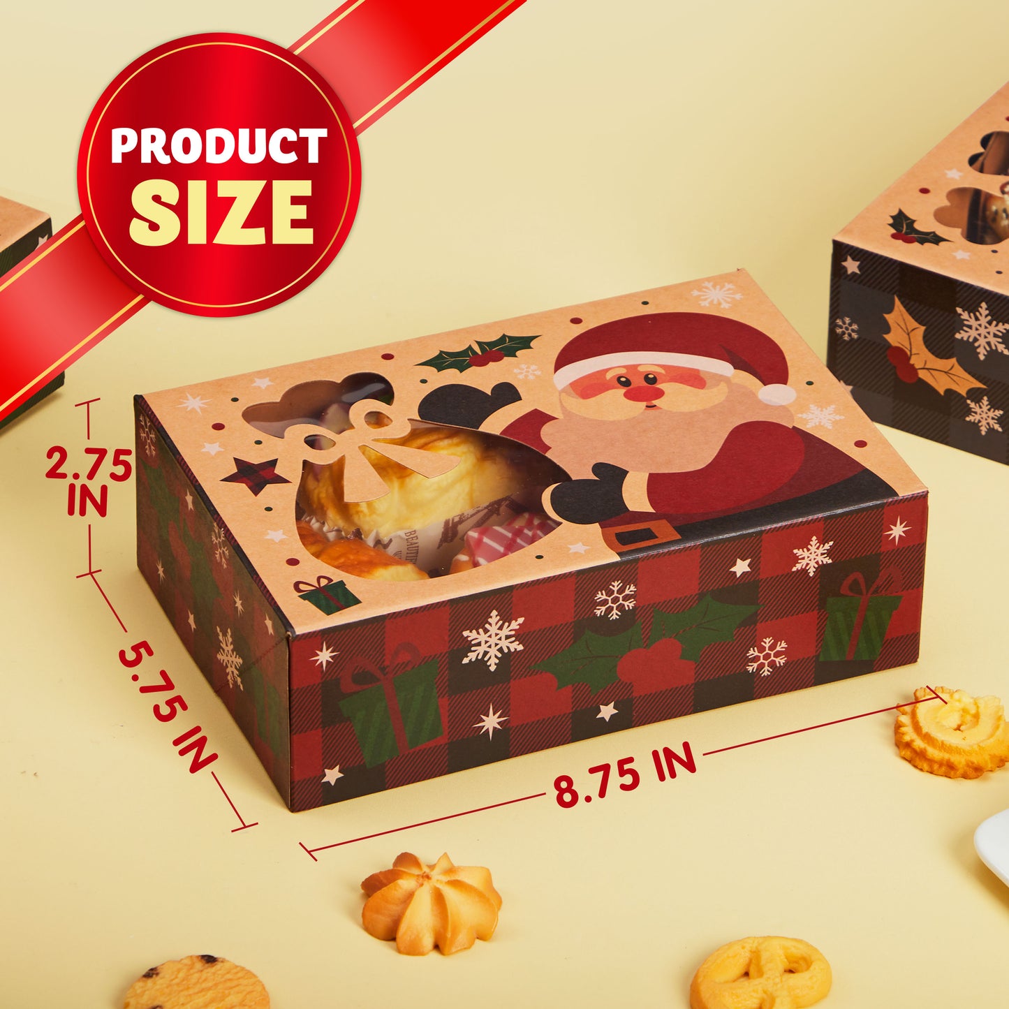 SYNCFUN 24 Pcs Christmas Cookie Boxes with Window, 8.5" x 5.75" x 2.75" Colorful Patterns Hollowed Out Kraft Bakery Gift Box for Holiday, Pastries, Cupcakes, Brownies, Donuts Gift-Giving