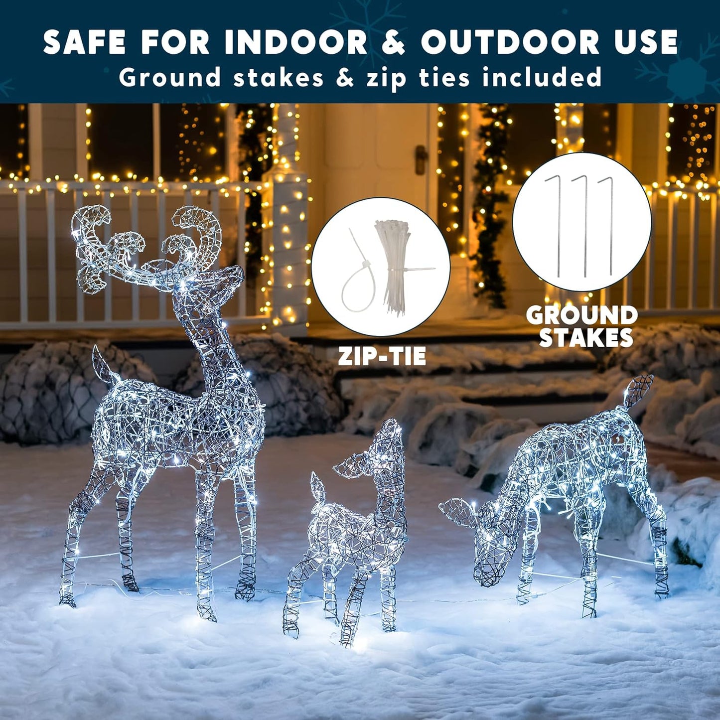 SYNCFUN 3 Pack Reindeer Christmas Outdoor Yard Light Decorations,185 LED Lights Deer Family for Christmas Outside Lawn Decor,Cool White