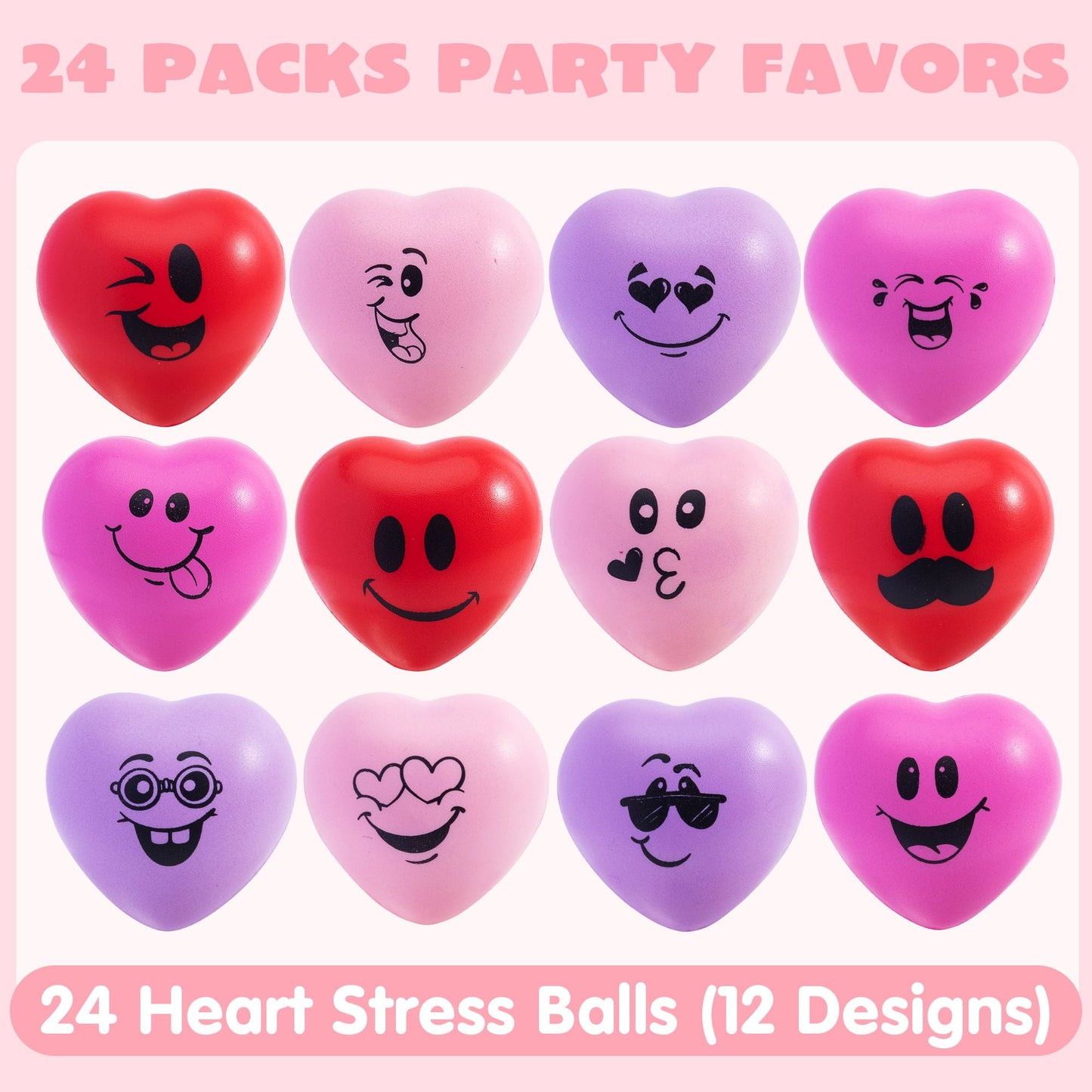 24-Pack Valentine's Day Heart Stress Balls 1.6" x 1.6" for Kids, Soft Toy Slow Rise for School Carnival Rewards