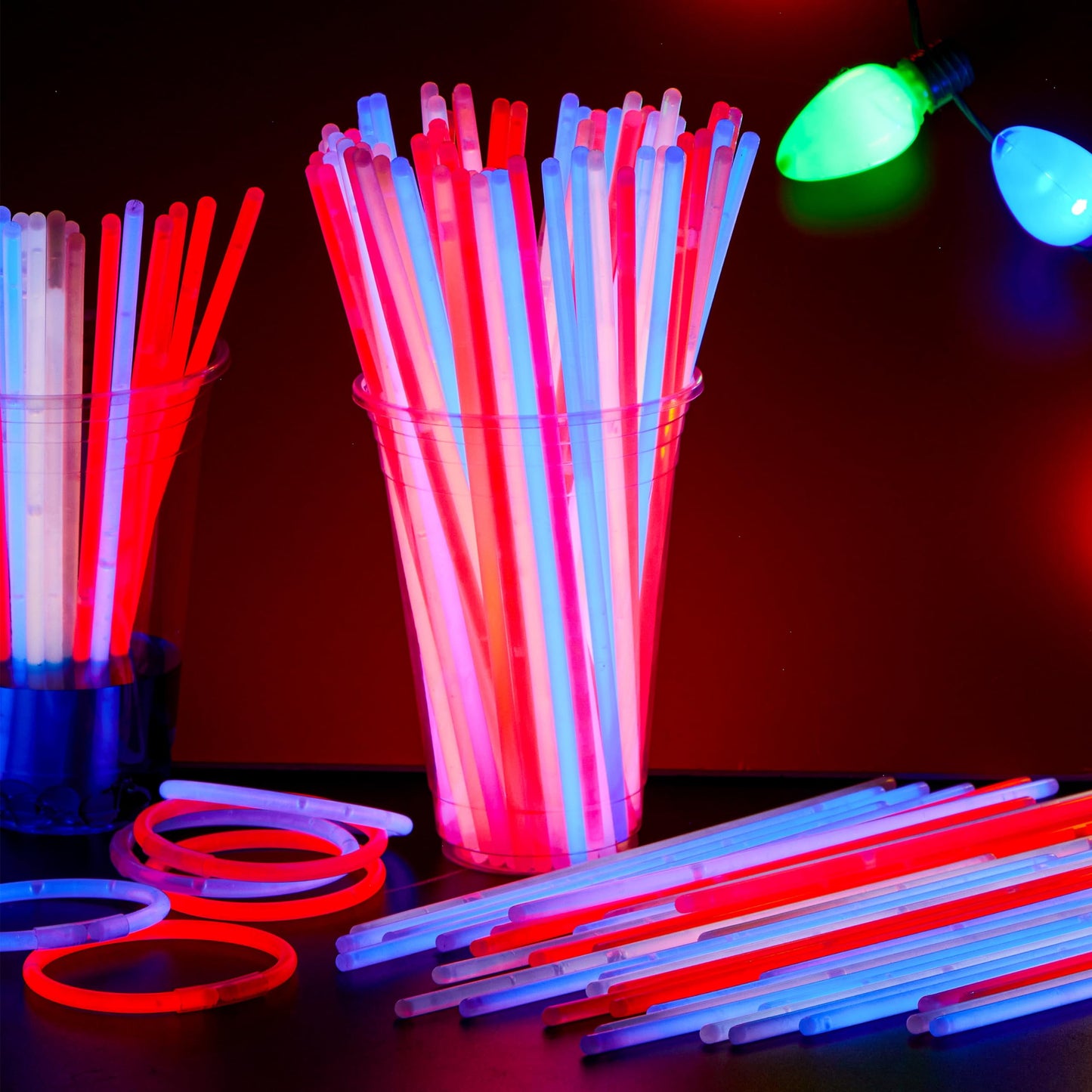 72 July 4th glow sticks with connectors, children's and adult red, white, and blue glow in the dark bracelets
