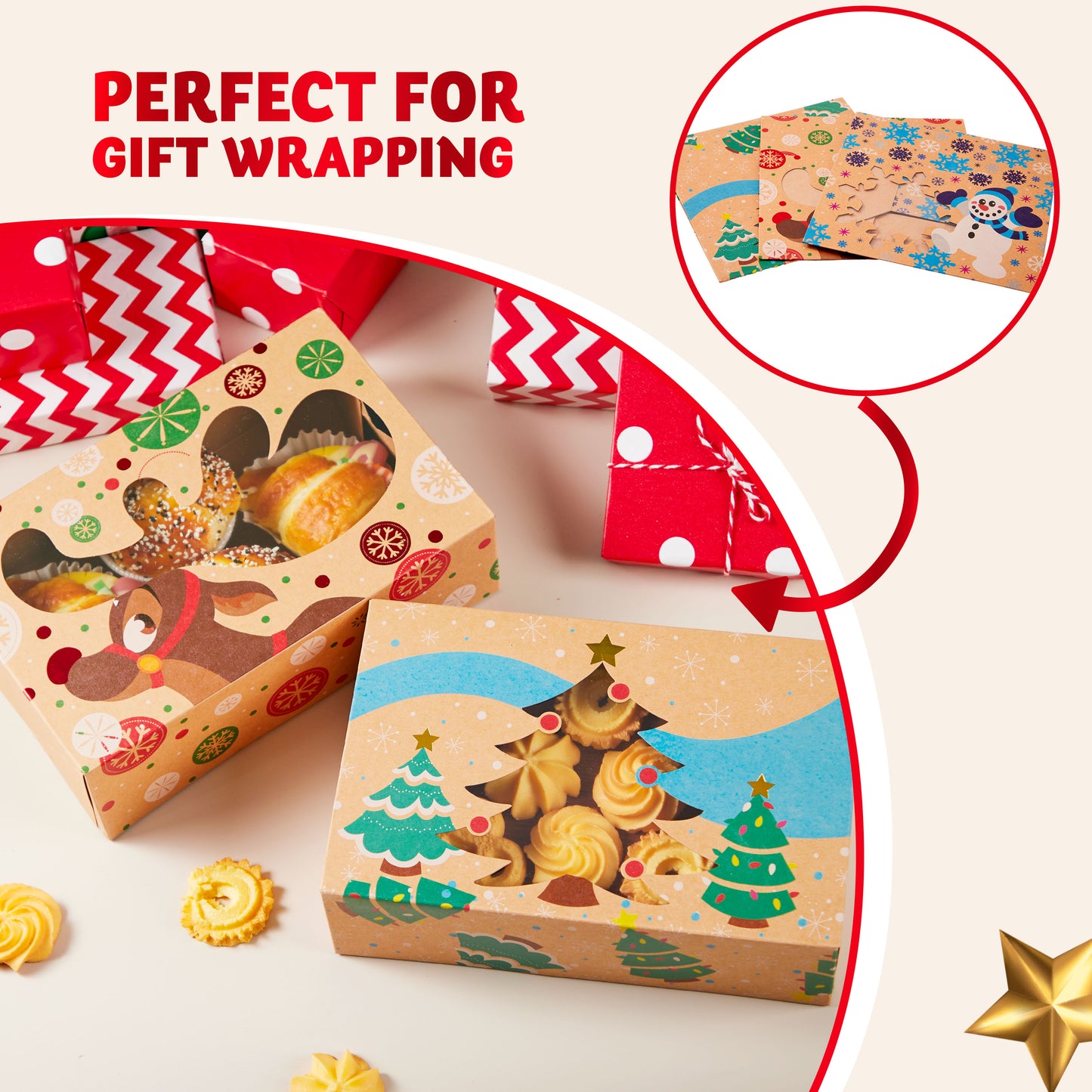 Joyfy 24 Pcs Christmas Bakery Treat Cookie Boxes for Doughnut, 8.75" x 5.35" x 2.75" Brown Kraft Cookie Boxes for Holiday Pastries, Cupcakes, Brownies, Gift Giving