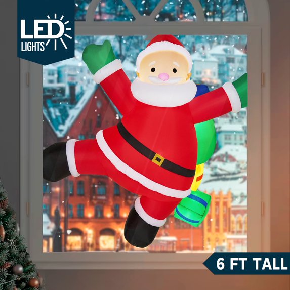 Joyfy 6ft Christmas Inflatables Santa Outdoor Decorations,Christmas Climbing Santa with Gift Bag Blow Ups Yard with Built-in LEDs for Holiday Party Garden Lawn Decor