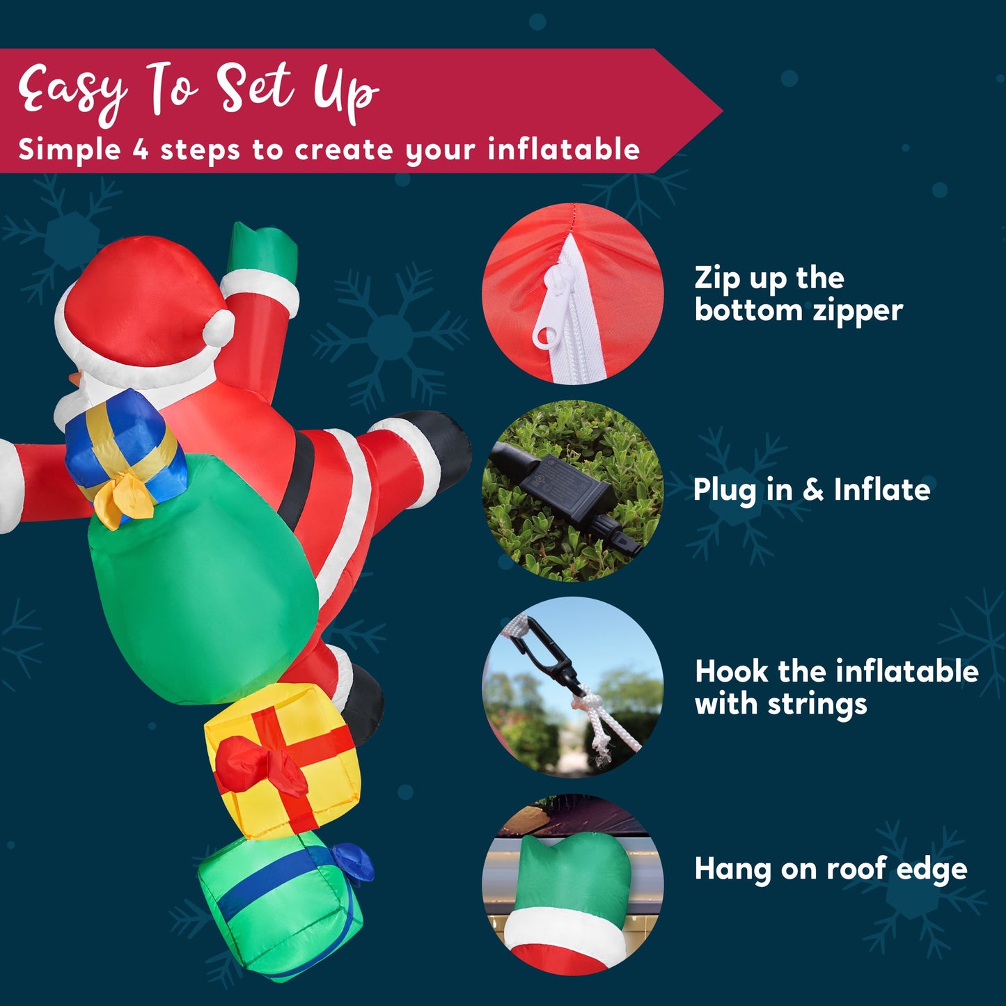 Joyfy 6ft Christmas Inflatables Santa Outdoor Decorations,Christmas Climbing Santa with Gift Bag Blow Ups Yard with Built-in LEDs for Holiday Party Garden Lawn Decor