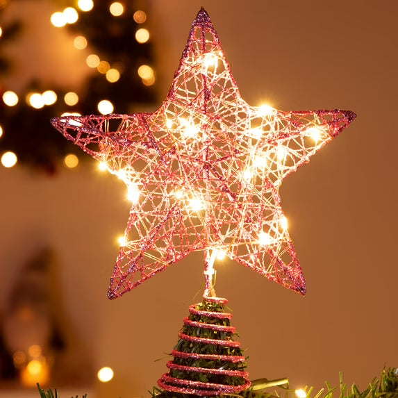 Joyfy Christmas Tree Topper,with LED Pink Glitter Small Star Tree Topper with Lights,Light Up Tree Topper Christmas Decorations Xmas Tree Decorations