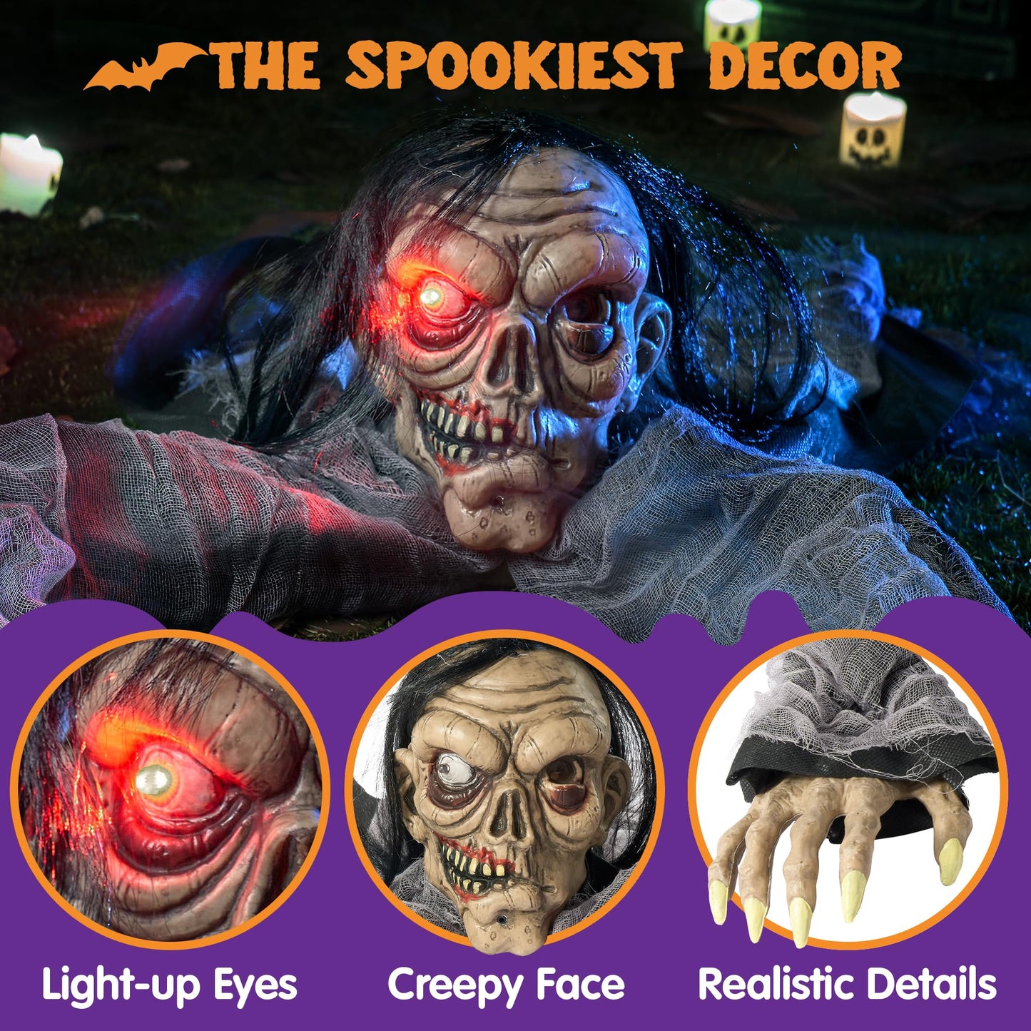 Joyfy Halloween Groundbreaker Animated Halloween Decorations Zombie with Decayed Face and Movable Arms,Outdoor Scary Halloween Yard Decorations,Haunted House Decorations