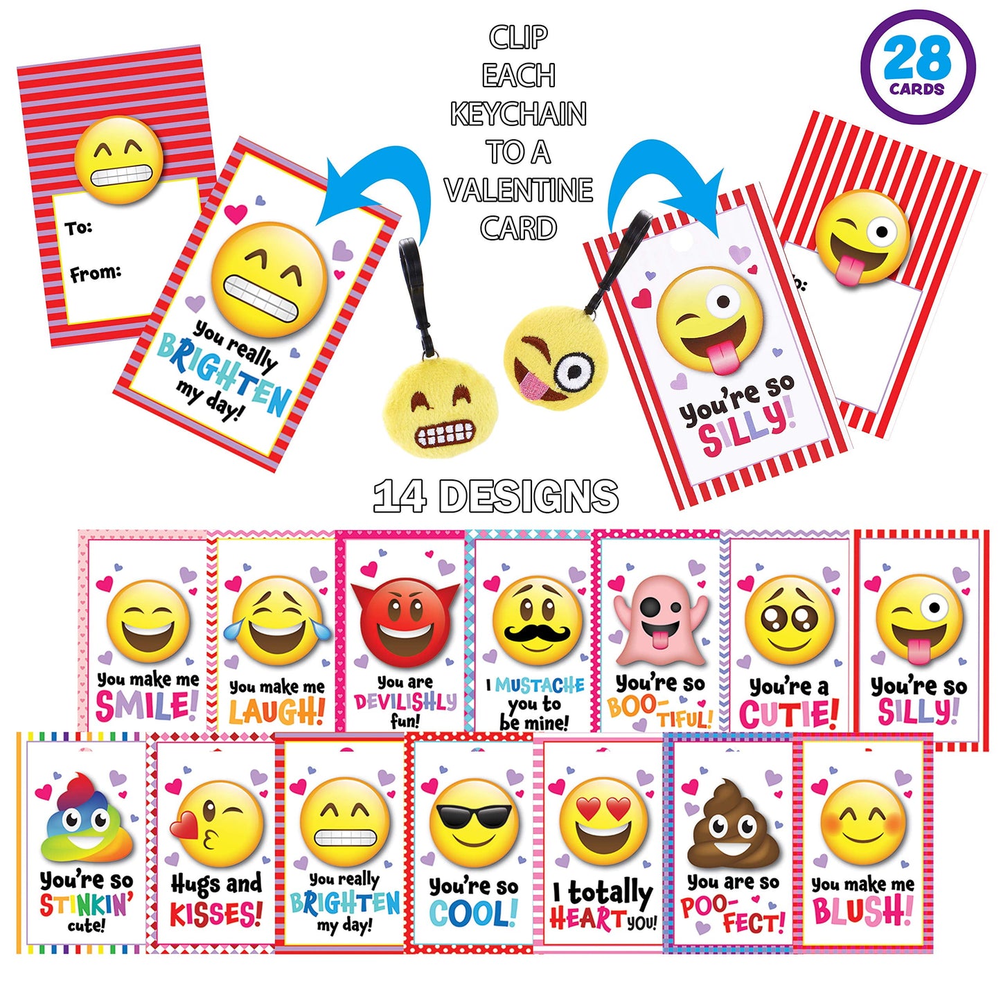 28 Packs Valentines Day Gifts Cards with Plush Key Chain, Valentine School Class Exchange Cards for Kids Girls Boys