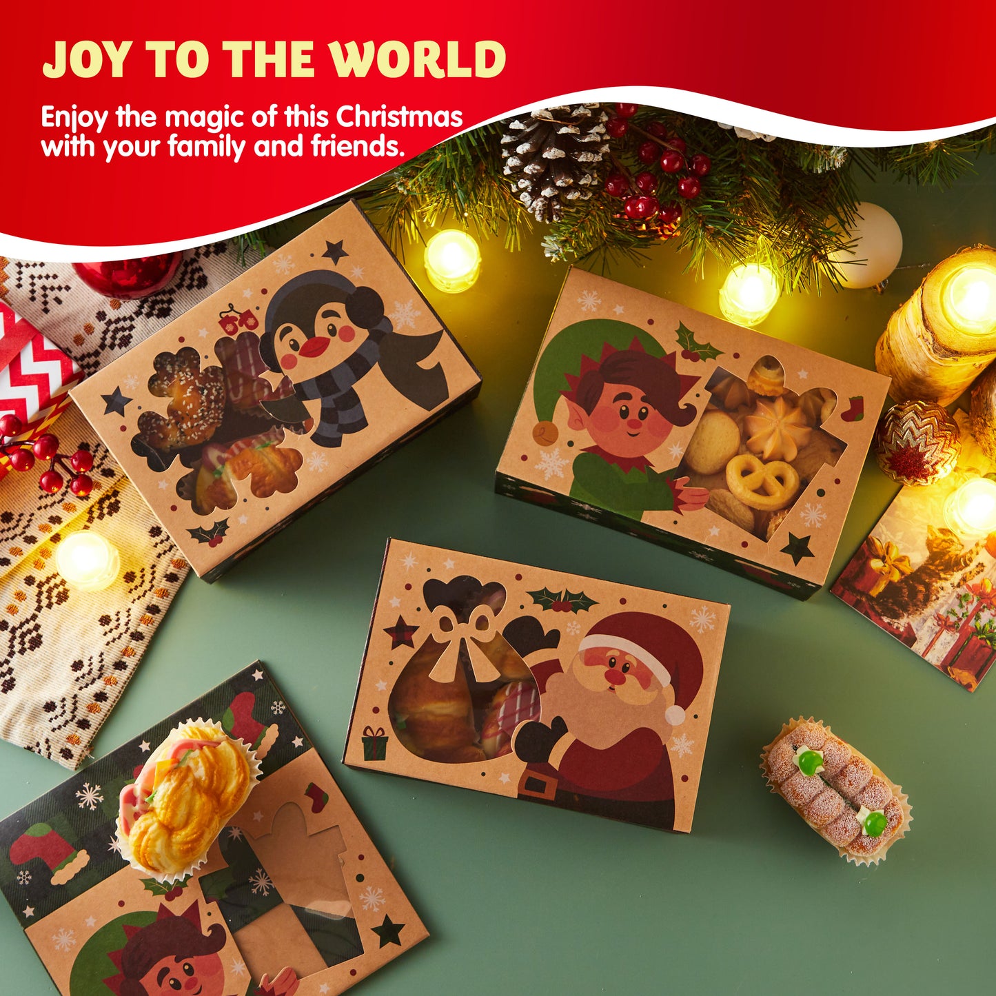 SYNCFUN 24 Pcs Christmas Cookie Boxes with Window, 8.5" x 5.75" x 2.75" Colorful Patterns Hollowed Out Kraft Bakery Gift Box for Holiday, Pastries, Cupcakes, Brownies, Donuts Gift-Giving