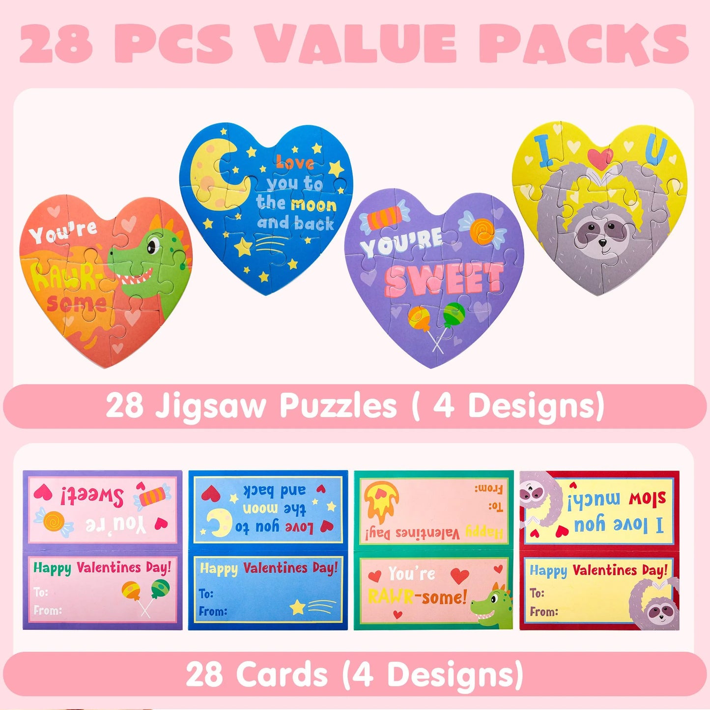 28 Pack Valentine's Day Gift Cards with Heart Jigsaw Puzzle Set for Valentine's Classroom Exchange Prizes Valentine Party Favor Toys