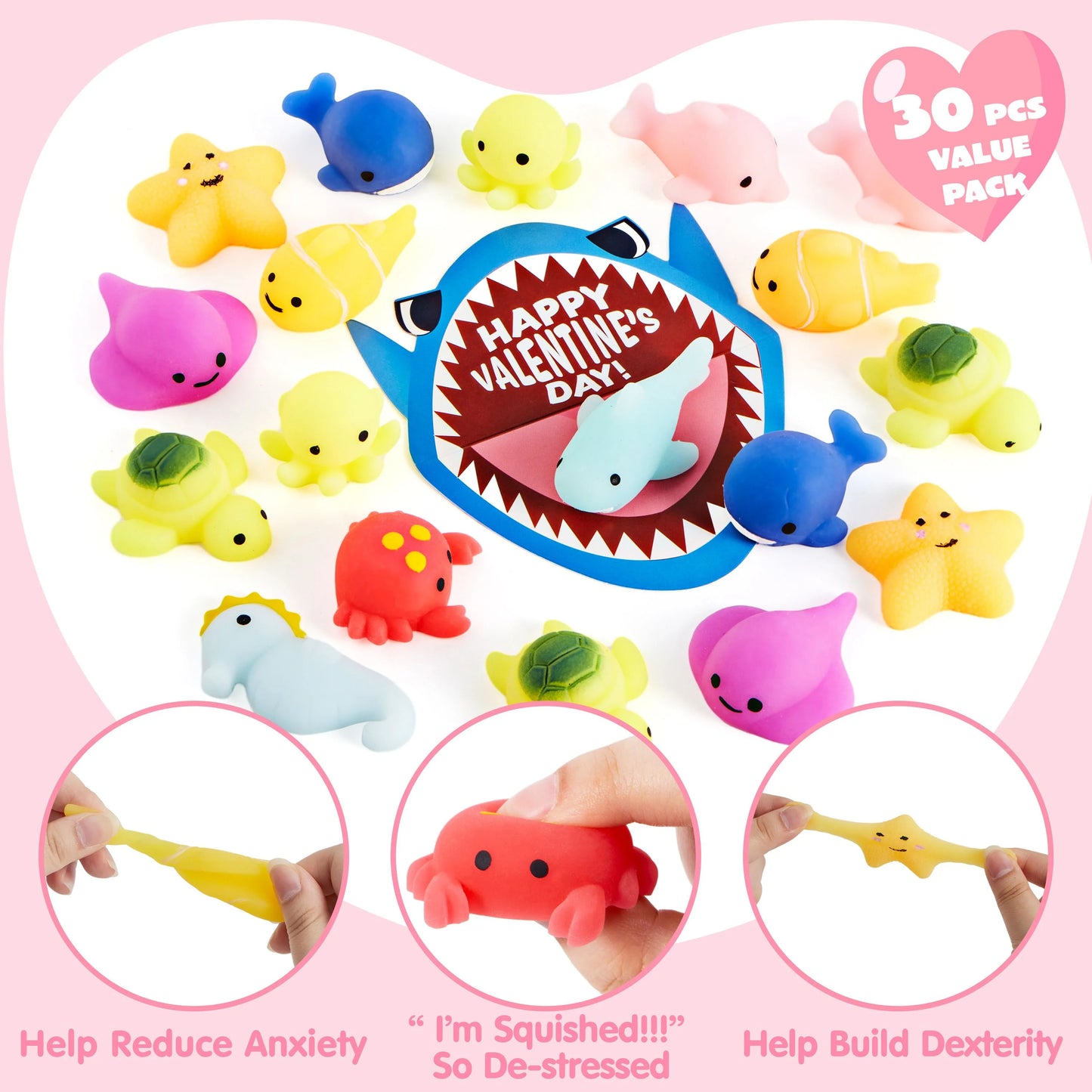 30 Packs Valentine Day Gift Cards with Mochi Squishy Toys, Stress Relief Fidget Toys, Kawaii Mochi Squeezes for Kids Holiday Party Favor, Gift Goodie Bag Filler, Classroom Exchange Prizes