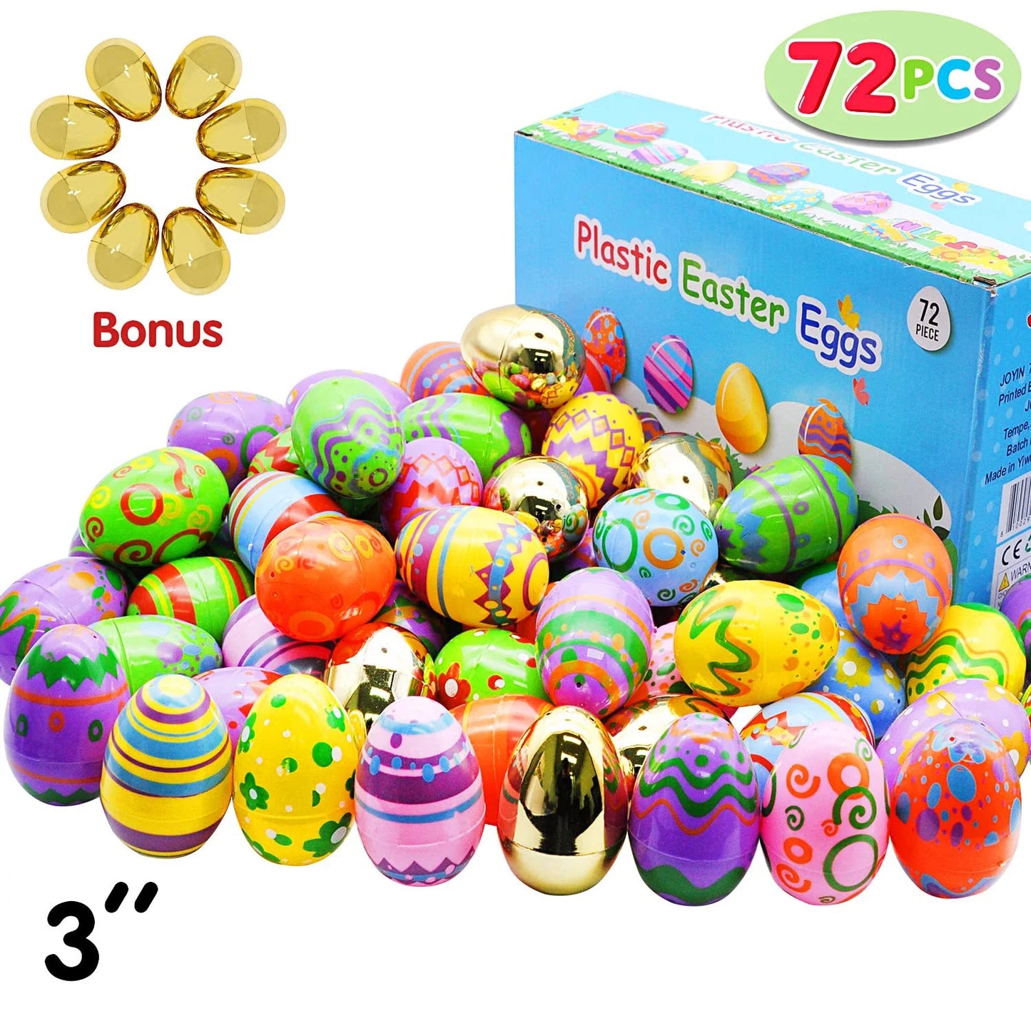 72Pcs 3" Plastic Printed Easter Egg with Golden Eggs for Easter Egg Hunt Event, Party Favor Goodie Bags, Scene and Decoration, School Classroom Prizes