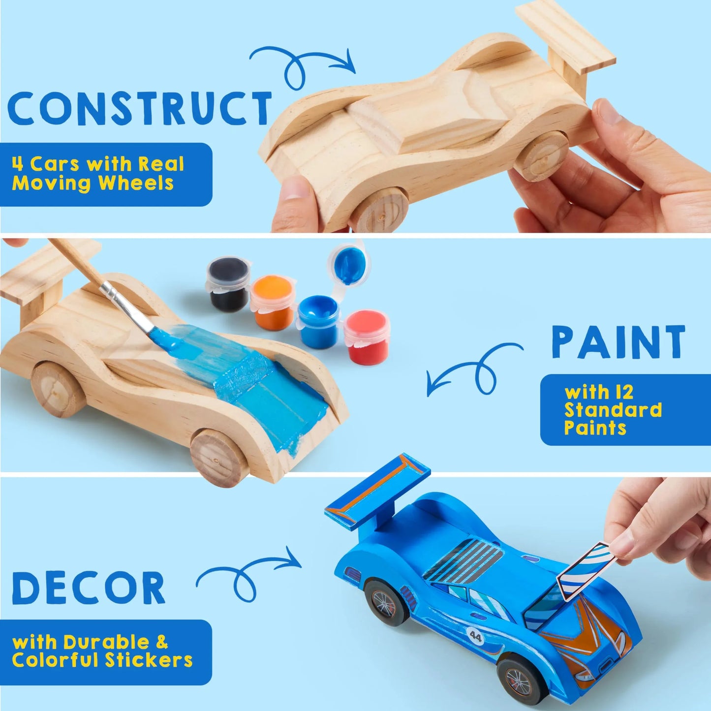 Syncfun 4Pcs Painting Kits For Kids, Paint Your Own Wooden Race Cars Toy, Easy To Assemble Arts & Crafts Kit, Birthday Party Presents For Kids Boys Ages 6 8 10 12