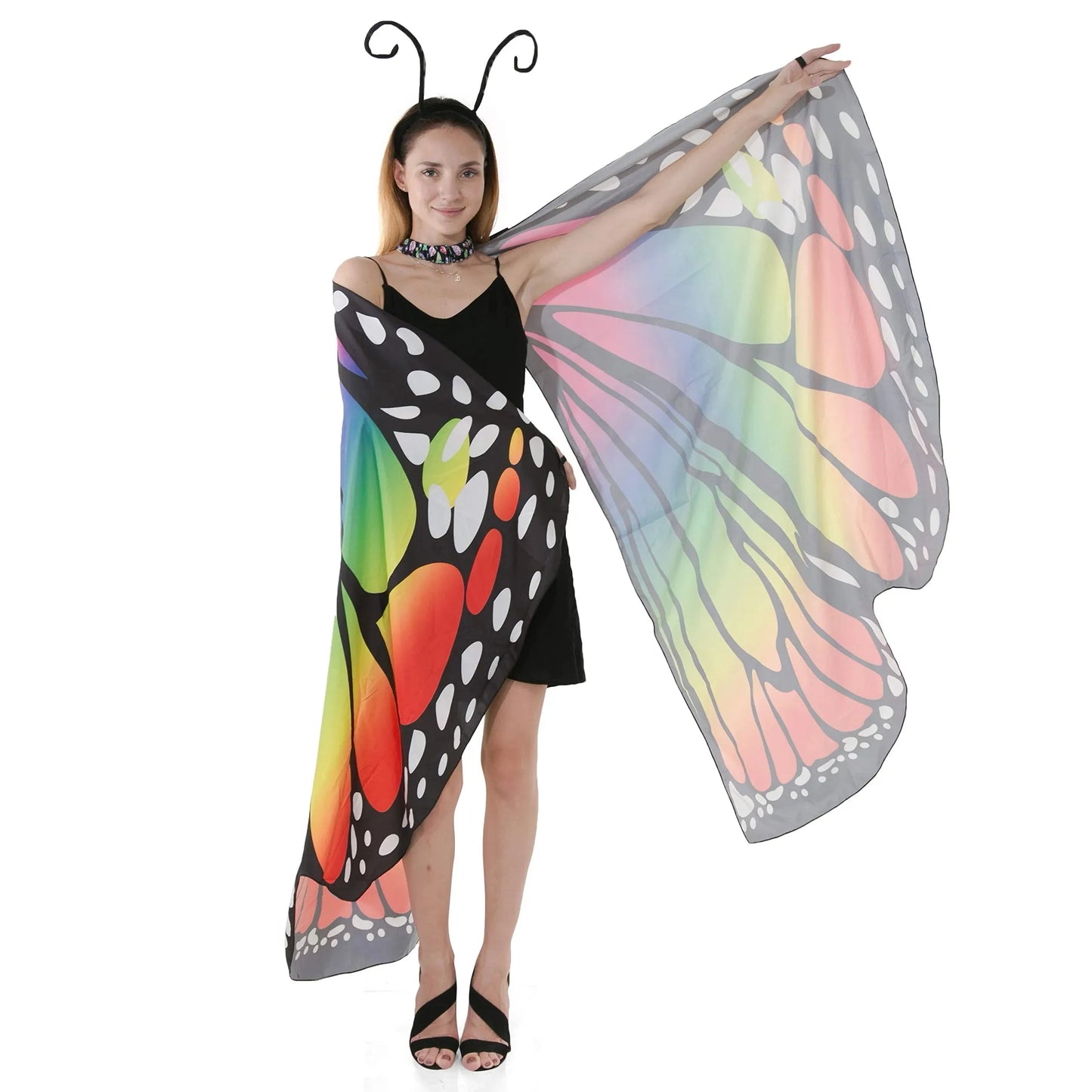 Syncfun Butterfly Wing Cape Shawl with Lace Mask and Black Velvet Antenna Headband