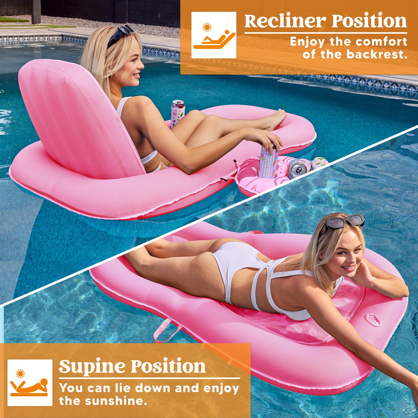 Pool Lounge Float Adult, Inflatable Pool Floats Lounger Raft Floaties Water Floating Recliner Chair with Cup Holders Foot Rest Swimming Pool Floaty
