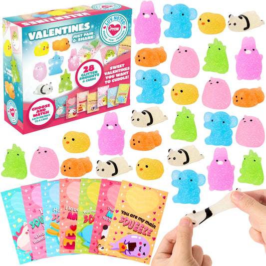 28 Packs Gift Cards with Glitter Mochi Squishy Toys, Stress Relief Fidget Toys, Cute Squeeze Toys for Kids Valentine’s Party Favor, Classroom Exchange Prizes, Exchange Gifts and Greeting Cards