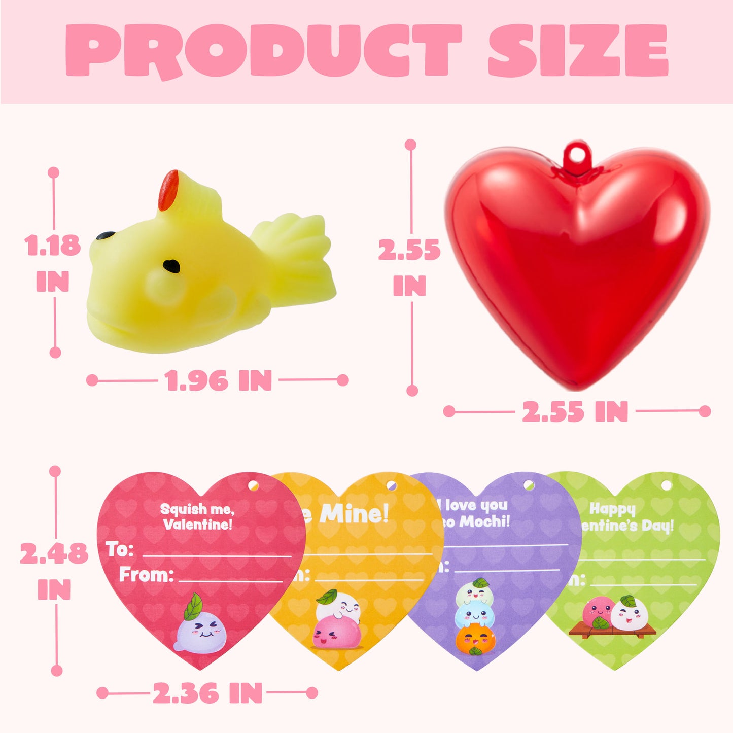56 Pcs Valentines Cards for Kids (28 Mochi and 28 Cards),Stress Relief Mochi Squishy Toys Filled Hearts for Kids Classroom Exchange Cards,Game Prizes Gifts