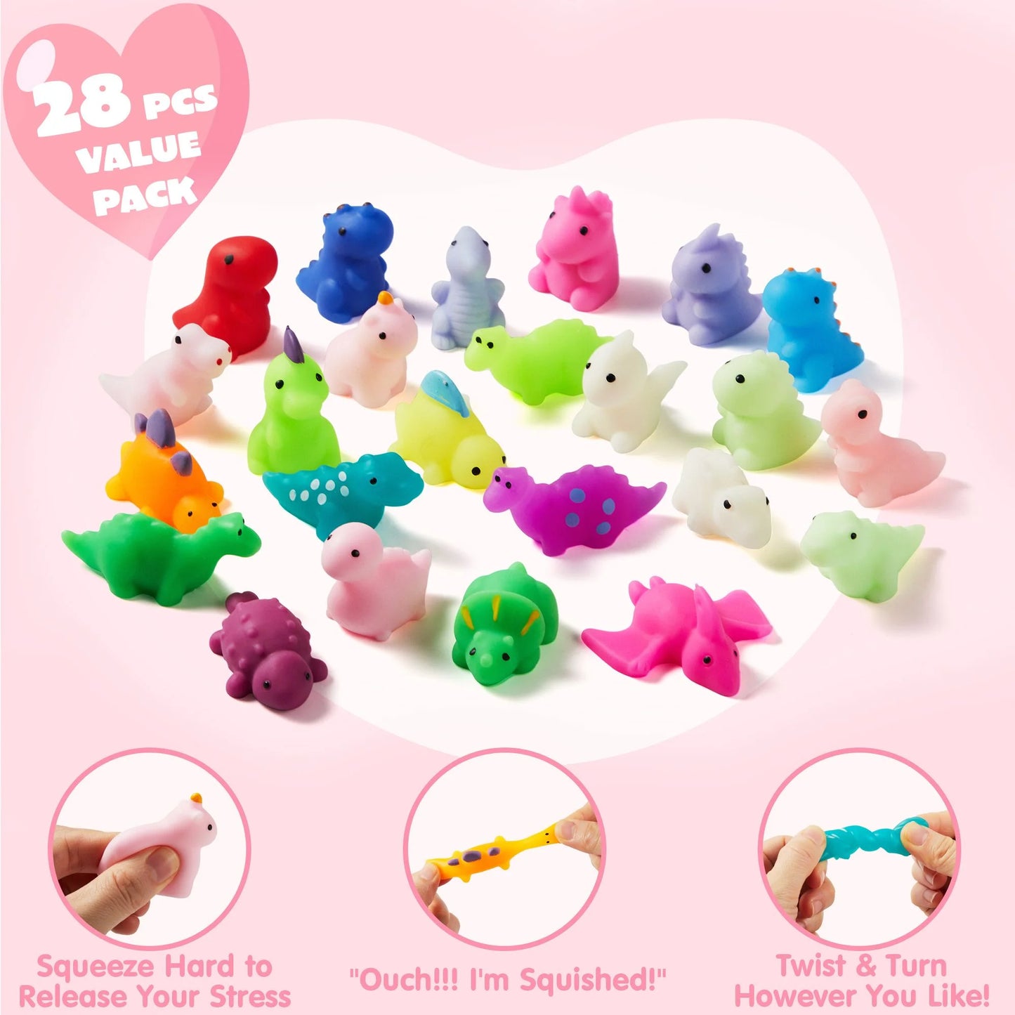28 Packs Valentine Stress Relief Dinosaur Mochi Toys with 4-Design Boxes Party Favors Set for Kids Valentine Classroom Exchange, Holiday Party, Game Prizes and Gift Basket Stuffers