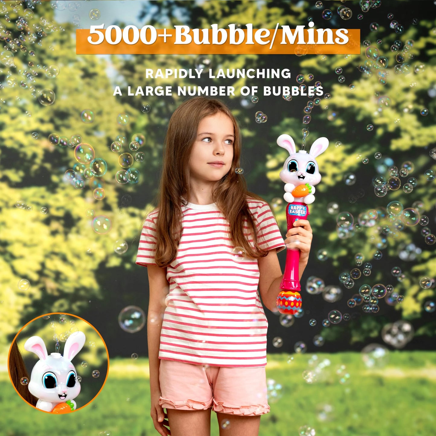 Easter Bunny Bubble Wand Light Up Automatic Bubble Maker with LED & Sound Effect for Kids Age 3+ Birthday Party Gifts, Outdoor, Easter Basket Stuffers