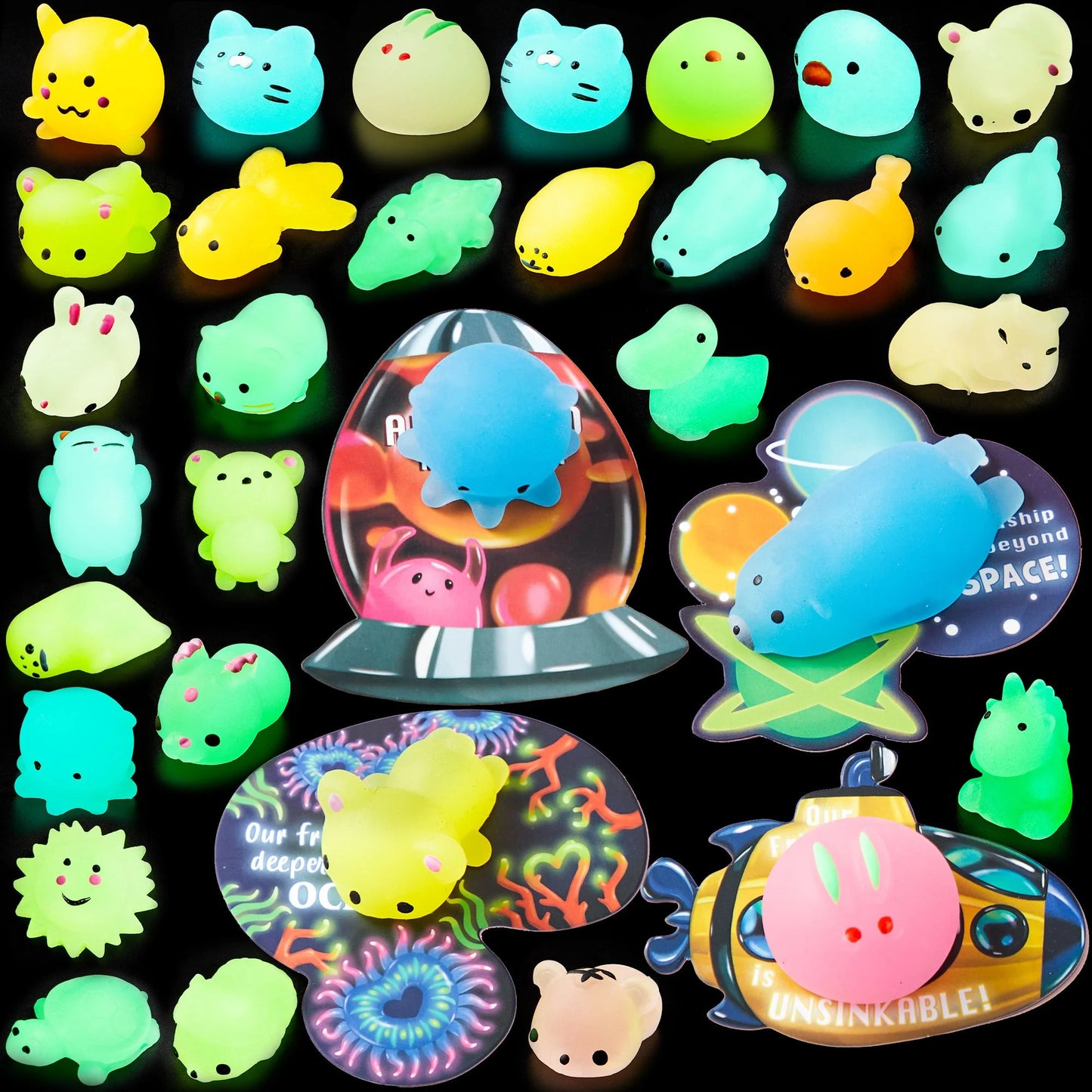 28 Packs Valentines Day Gift Cards with Mochis, Glow in The Dark Mochi squishy toys, Stress Relief Fidget Toys for Kids Valentine's Classroom Exchange, Party Favors, School Prizes