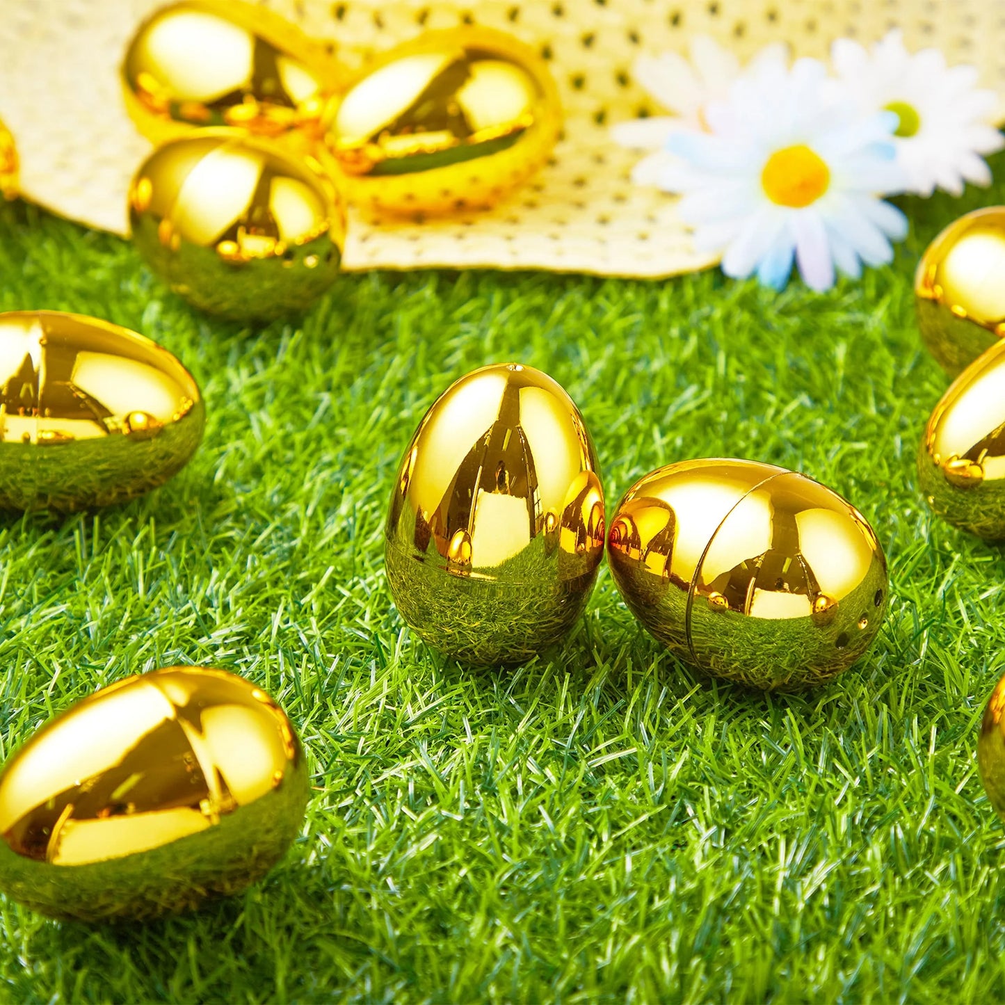 6 Golden Easter Eggs, 2.3 Inch Metal Plastic Empty Eggs Refillable, Golden Easter Egg Filling, Fake Eggs for Easter Egg Hunting Supplies