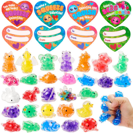 36 Packs Valentine’s Day Heart Gift Cards with Jelly Mochi Squishy Toys, Mini Critter Squeeze Balls, Stress Relief Fidget Toys for Valentine‘s Party Favors and Classroom Exchange
